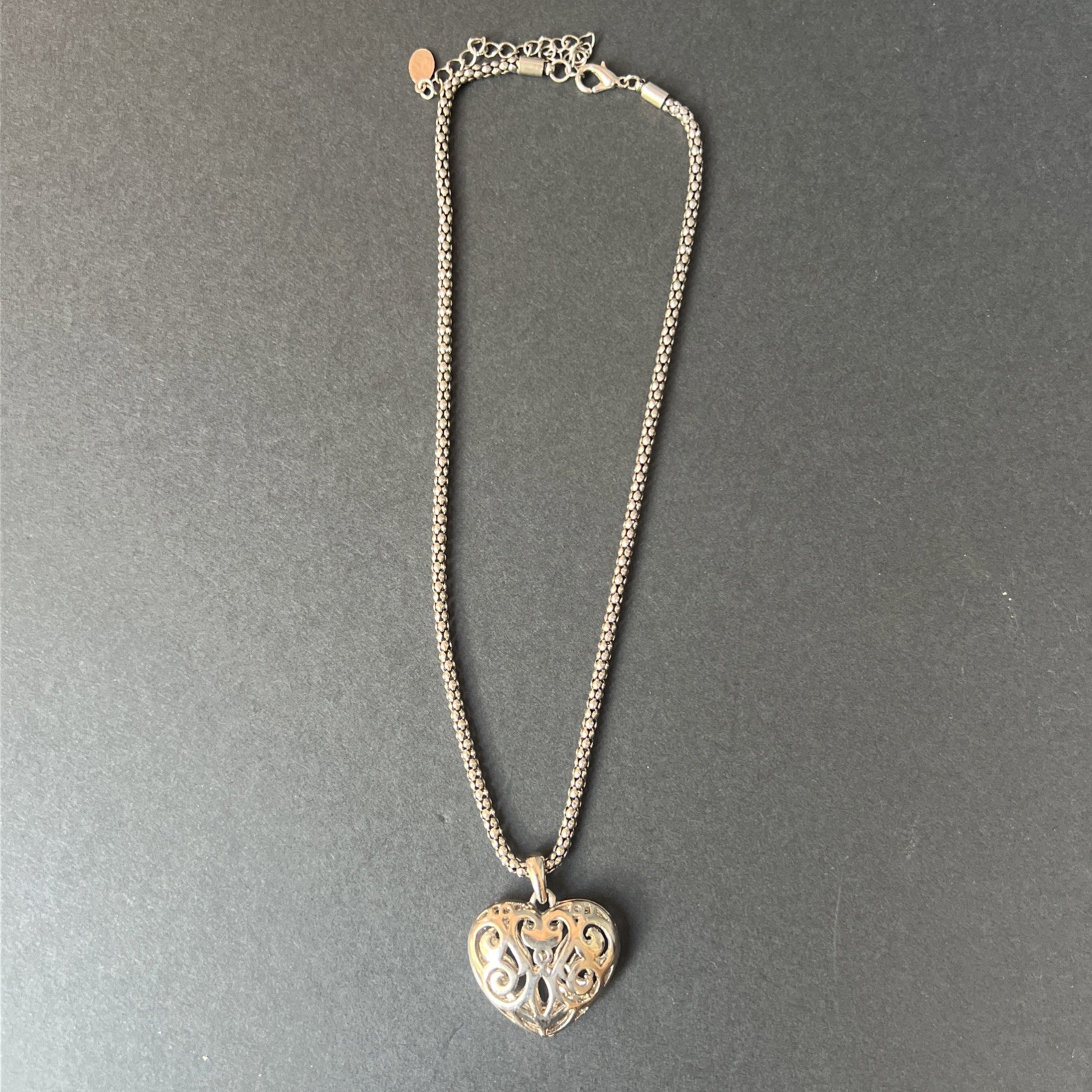 Cookie Lee Silver Tone Puffed Open Scroll Heart Pendant Necklace 20” Adjustable
