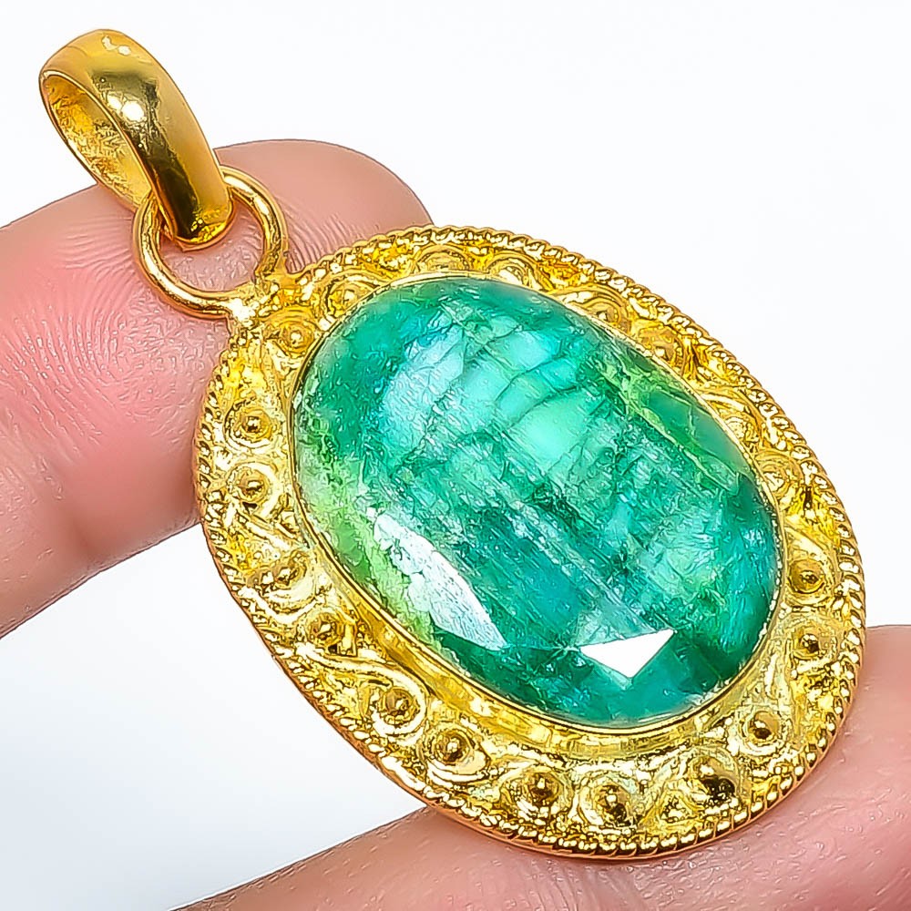 Emerald (Lab-Created) Gemstone 925 Silver Gold Plated Pendant 2.15″ P7622-162