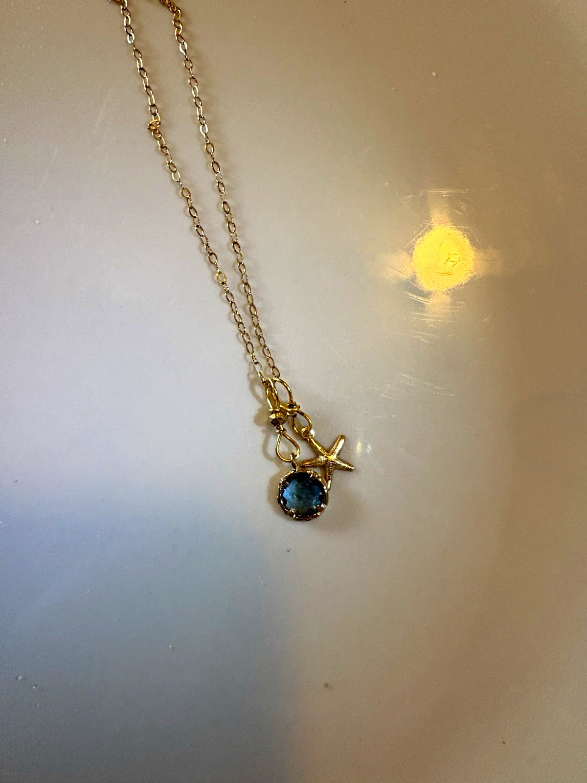 14K Gold Filled Blue Gemstone Starfish Charm Necklace Coastal Beach Jewelry