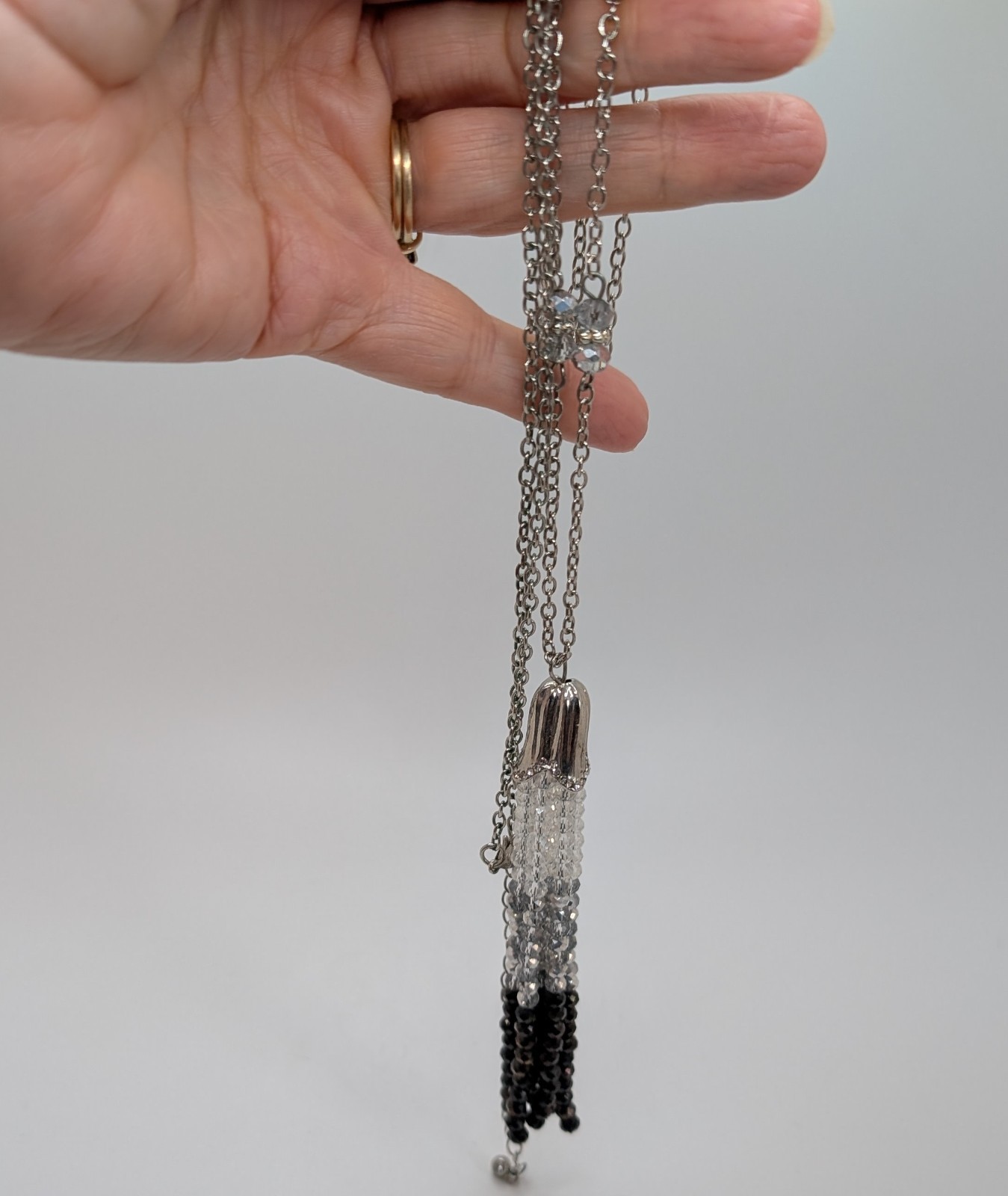 Long Silver Tone Necklace /w Tassel White Grey Black Ombre Beaded