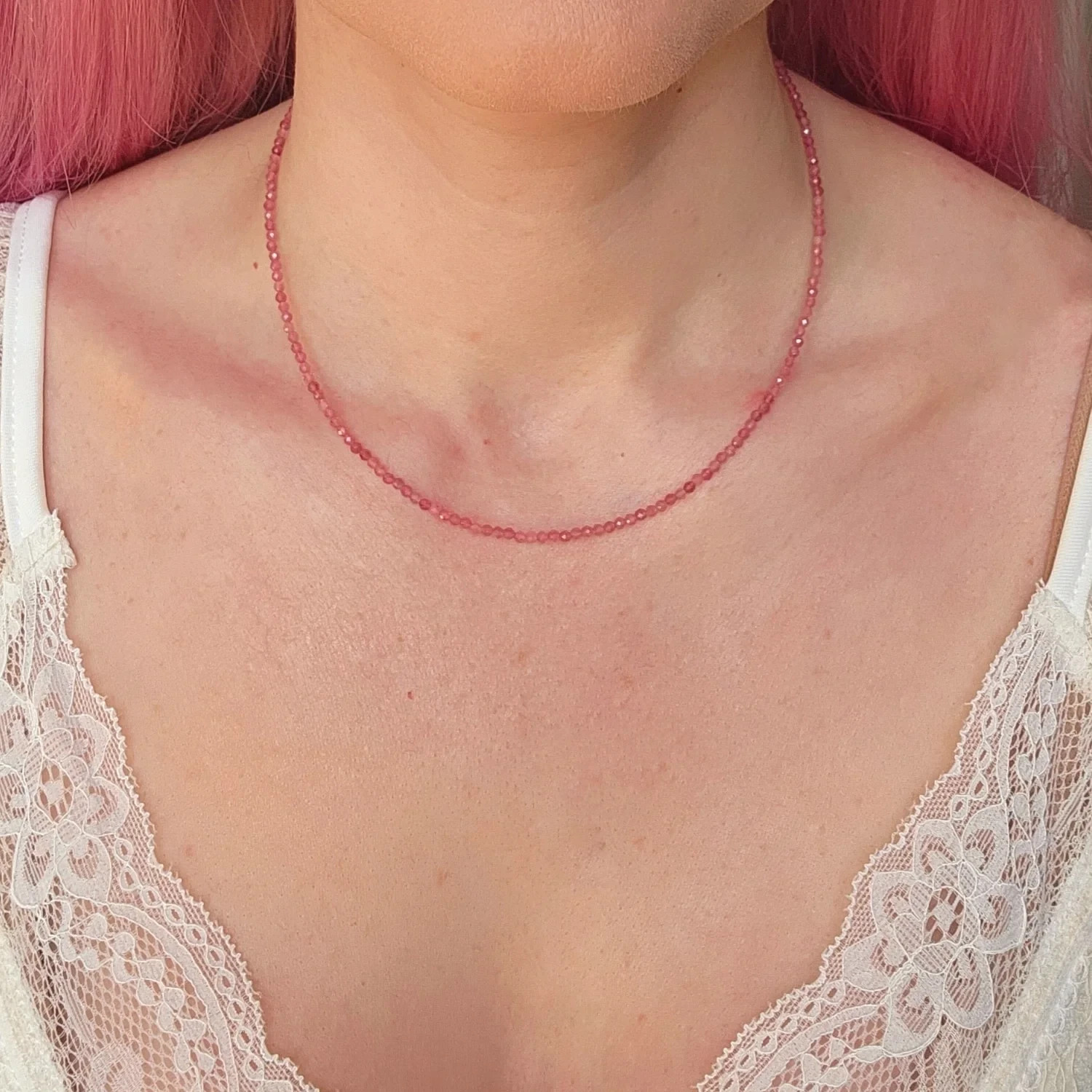 Pink Tourmaline 2mm Crystal Gemstone Beads Minimalist Dainty Choker Necklace