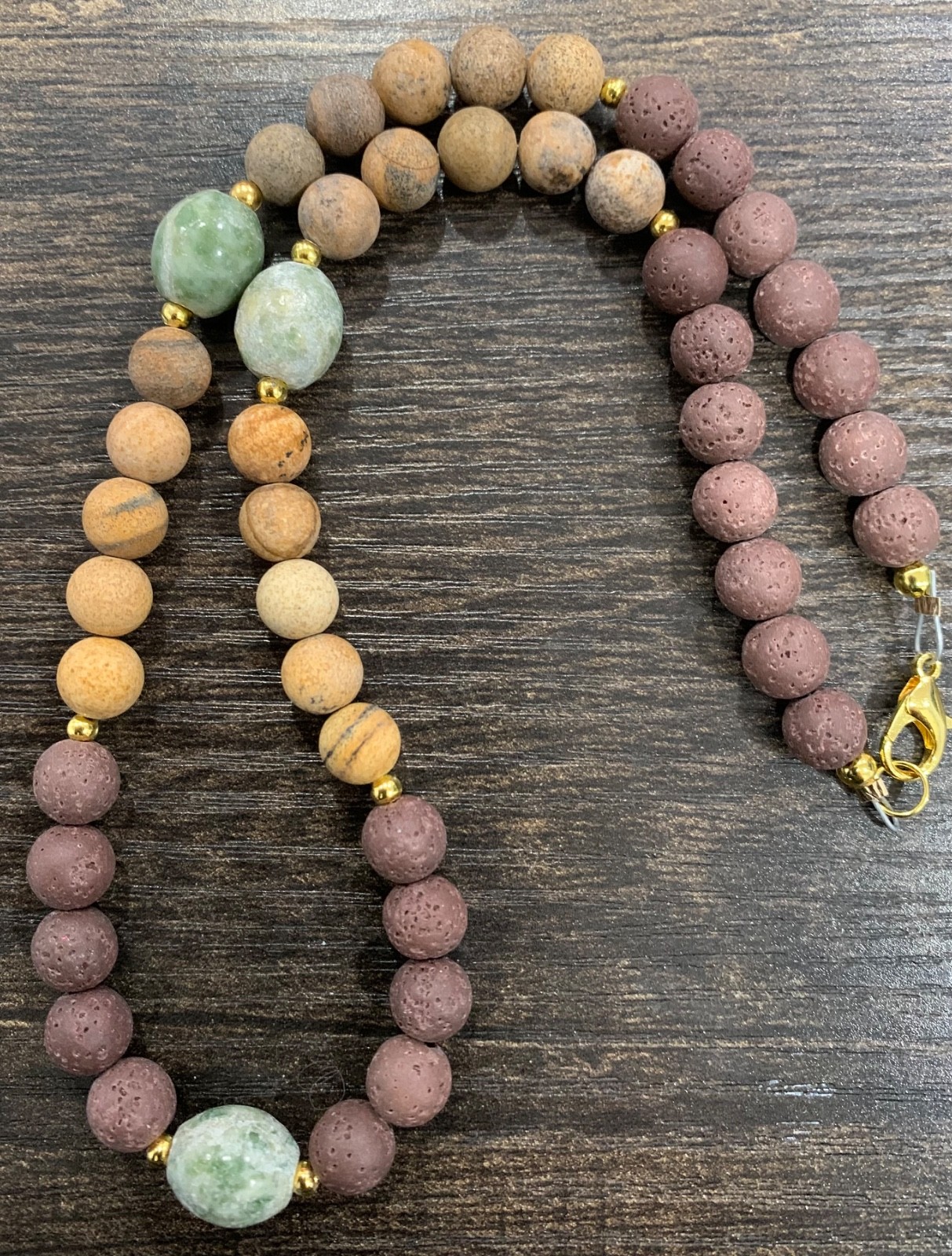 18″ Brown Lava Bead and Brown, Tan, and Green Jasper Bead Necklace