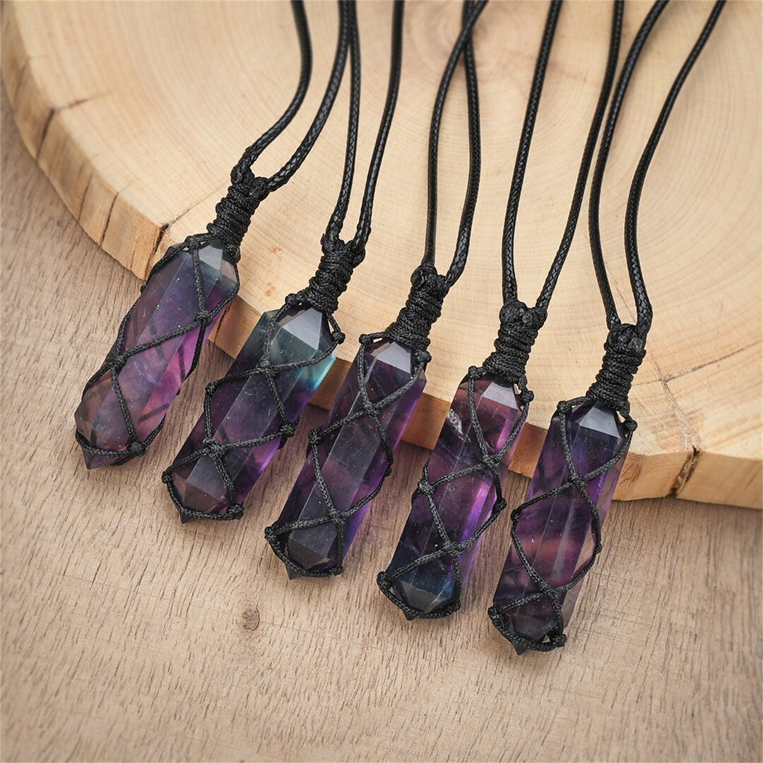Natural Rainbow Fluorite Stone Obelisk Pendant Necklace Wrap Crystal Necklace