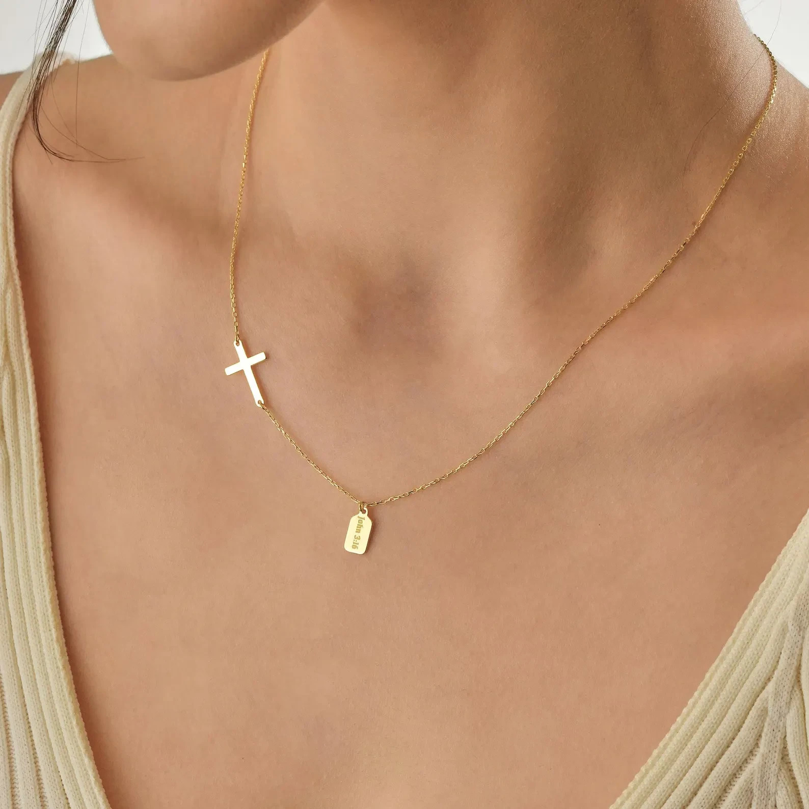 Personalized Name Tag Necklace with Side Cross Pendant Multiple Name for Women