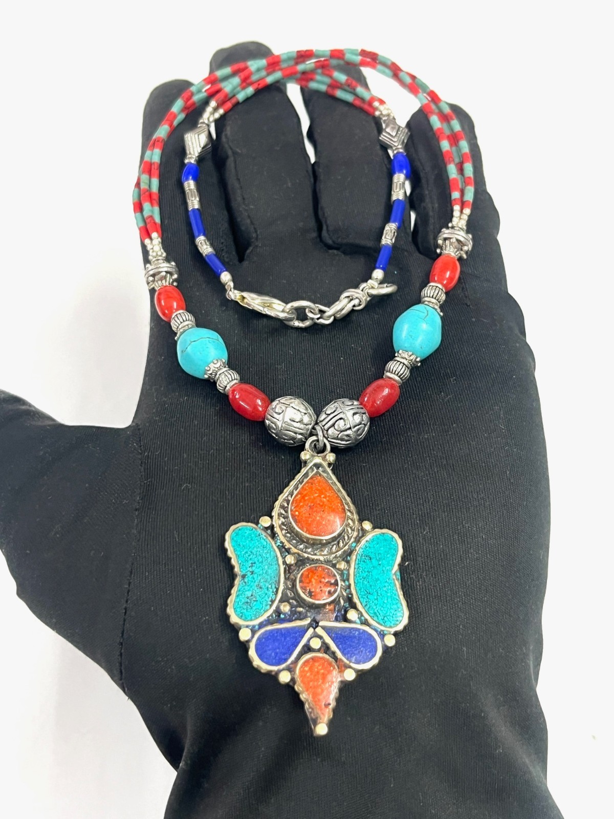 Nepalese Turquoise Coral Gemstone Tibetan Necklace Jewelry, 18 inch Adjus