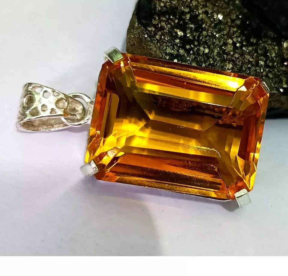 Natural Emerald Cut Yellow Citrine 94 Ct 925 Solid Sterling Silver Pendant Gem