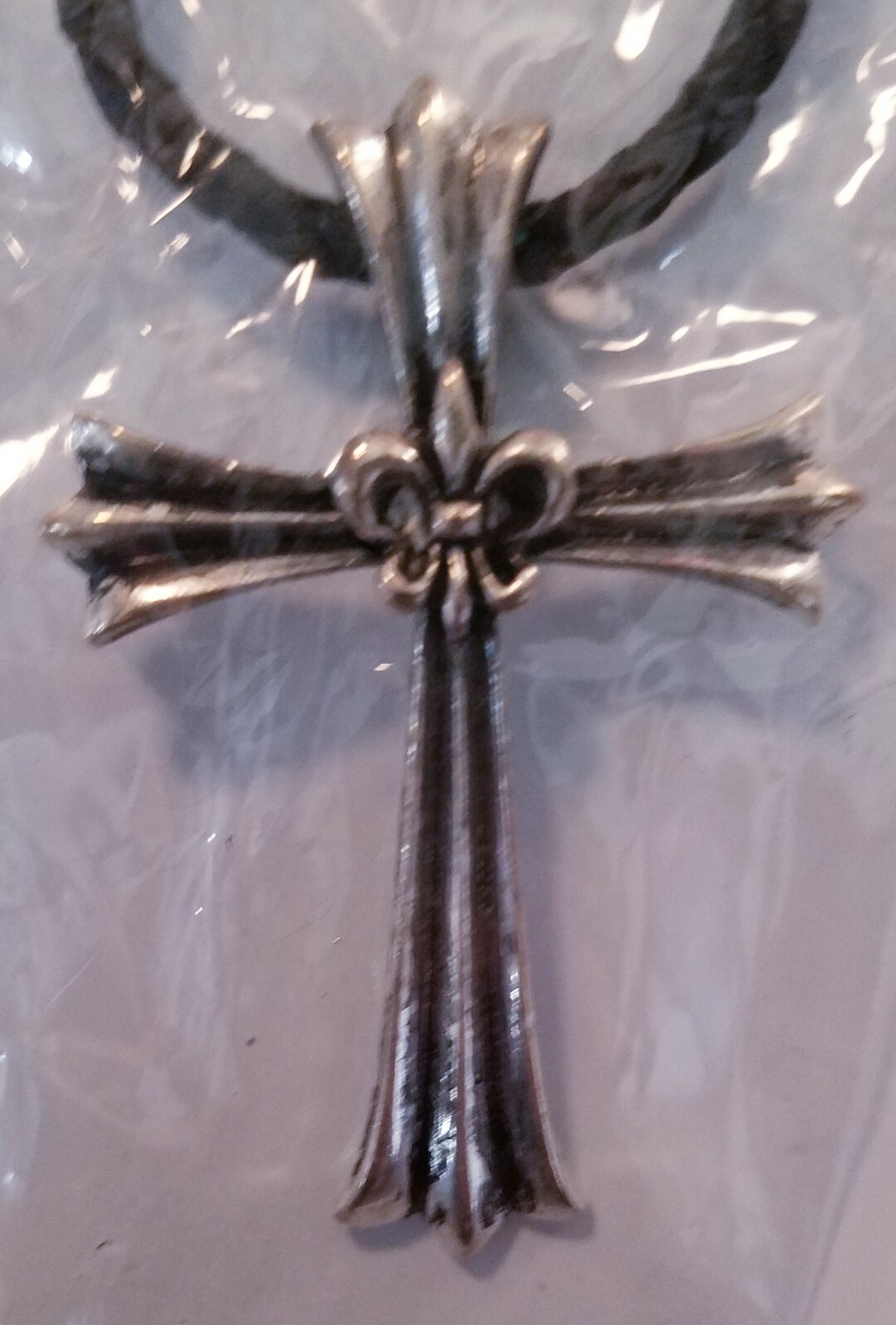 Cross Pendant & Necklace black braided-leather-rope style, metal clasp & cross