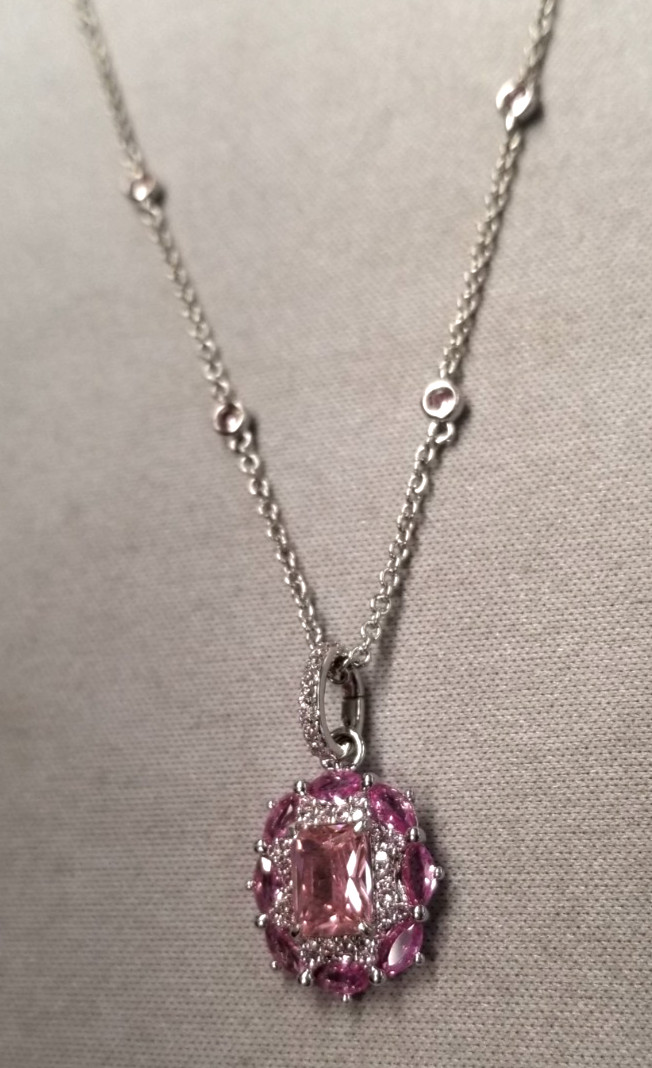 Bomb Party Pink Cubic Zirconia Halo Pendant Rhodium Plated Necklace 18″+2.5″