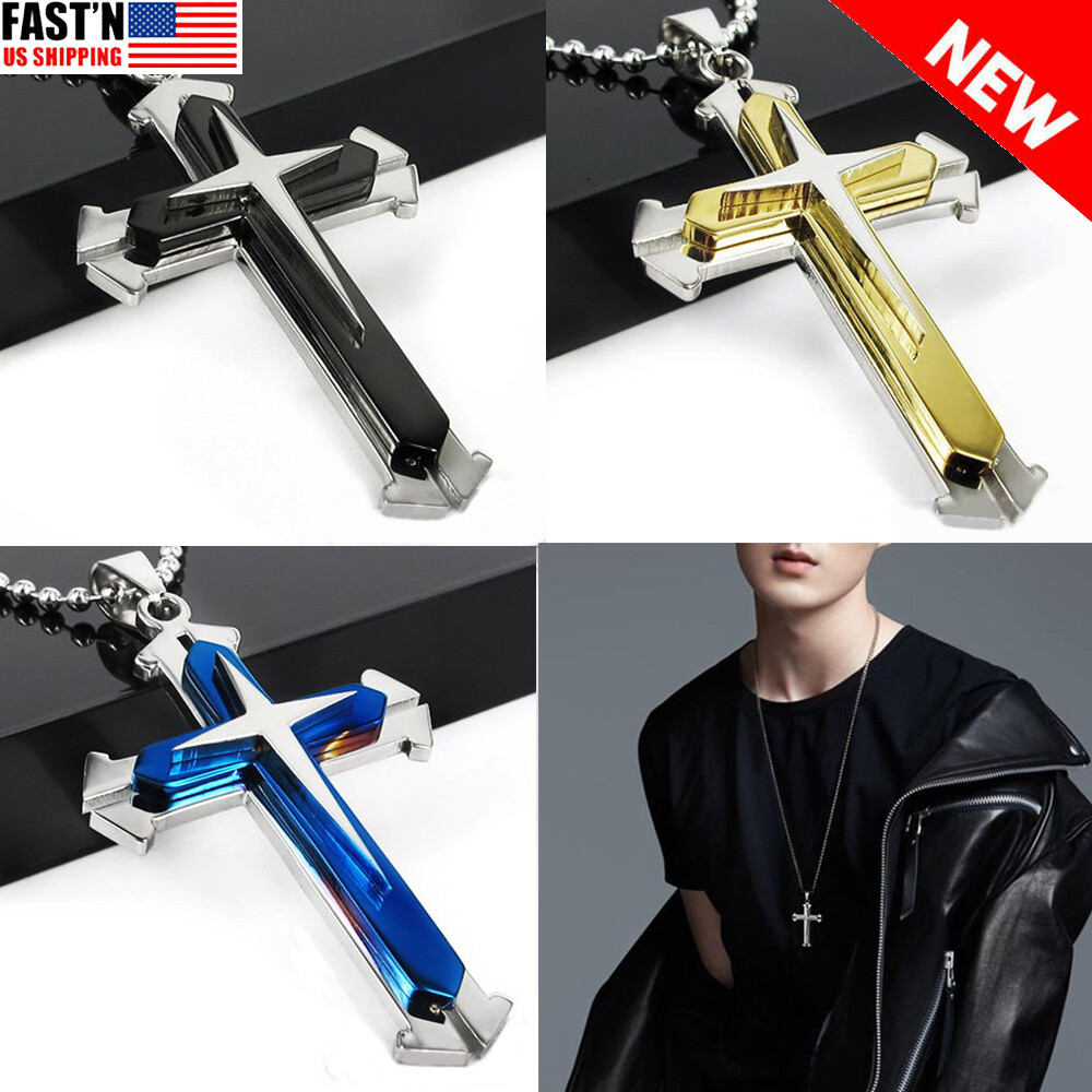 Boys Mens Fasion Stainless Steel Vintage Cross Pendant Necklace Pendant Chain