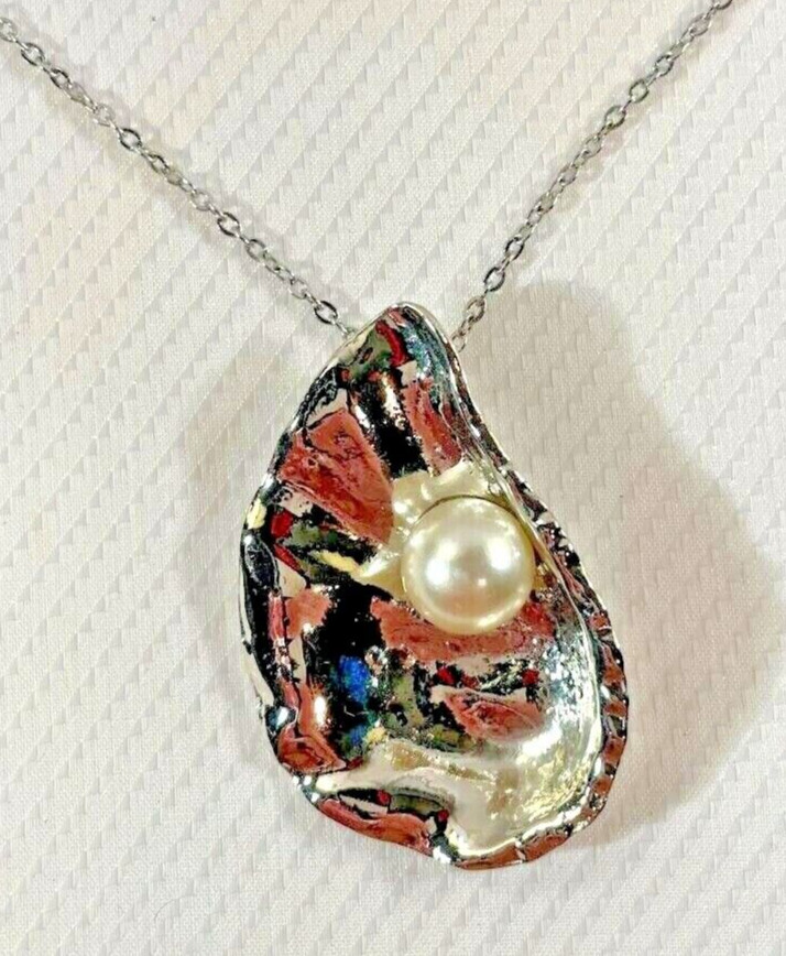 Oyster Shell Silver Necklace 30″ Stainless Chain Sea Coastal Jewelry NEW