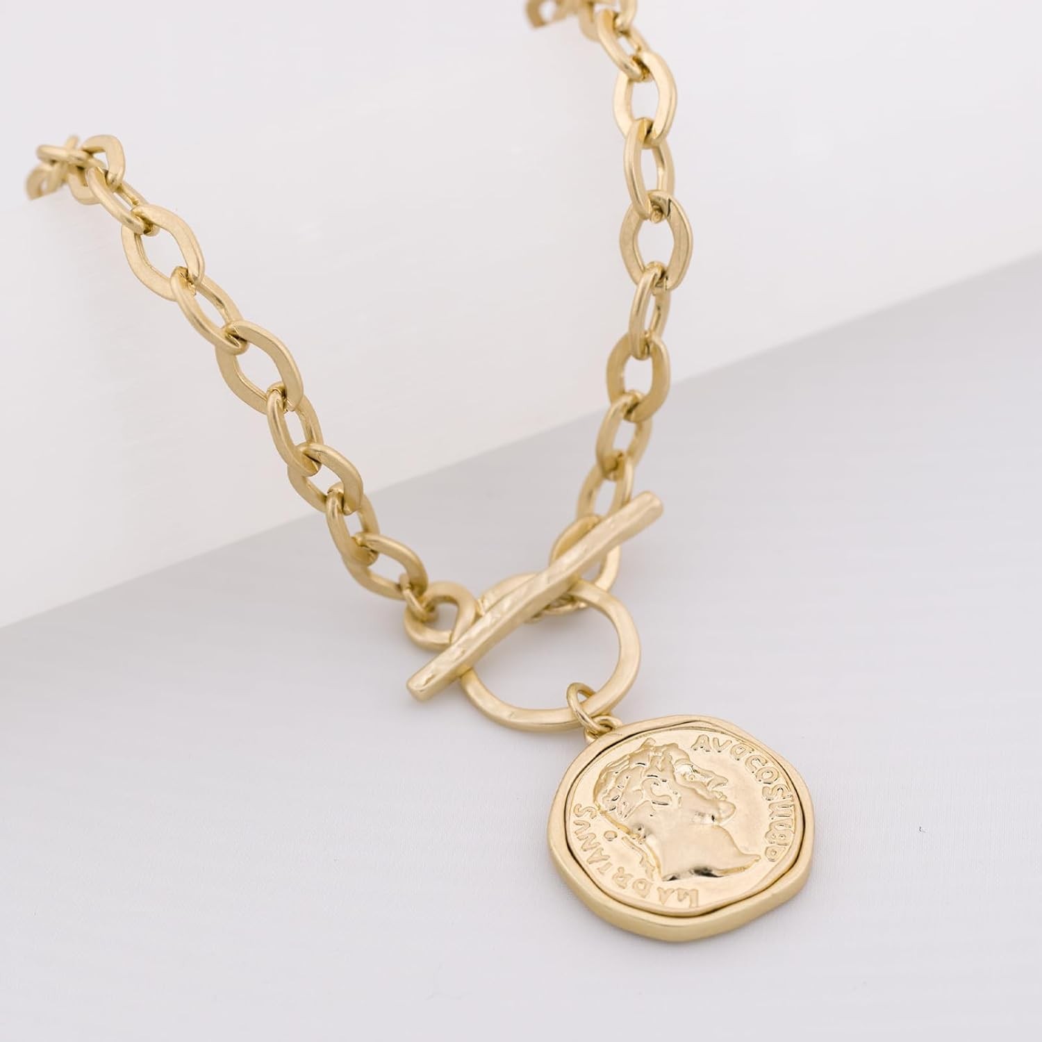 Chunky Coin Antique Gold Plated Thick Link Chain Layered Pendant Necklace for Wo