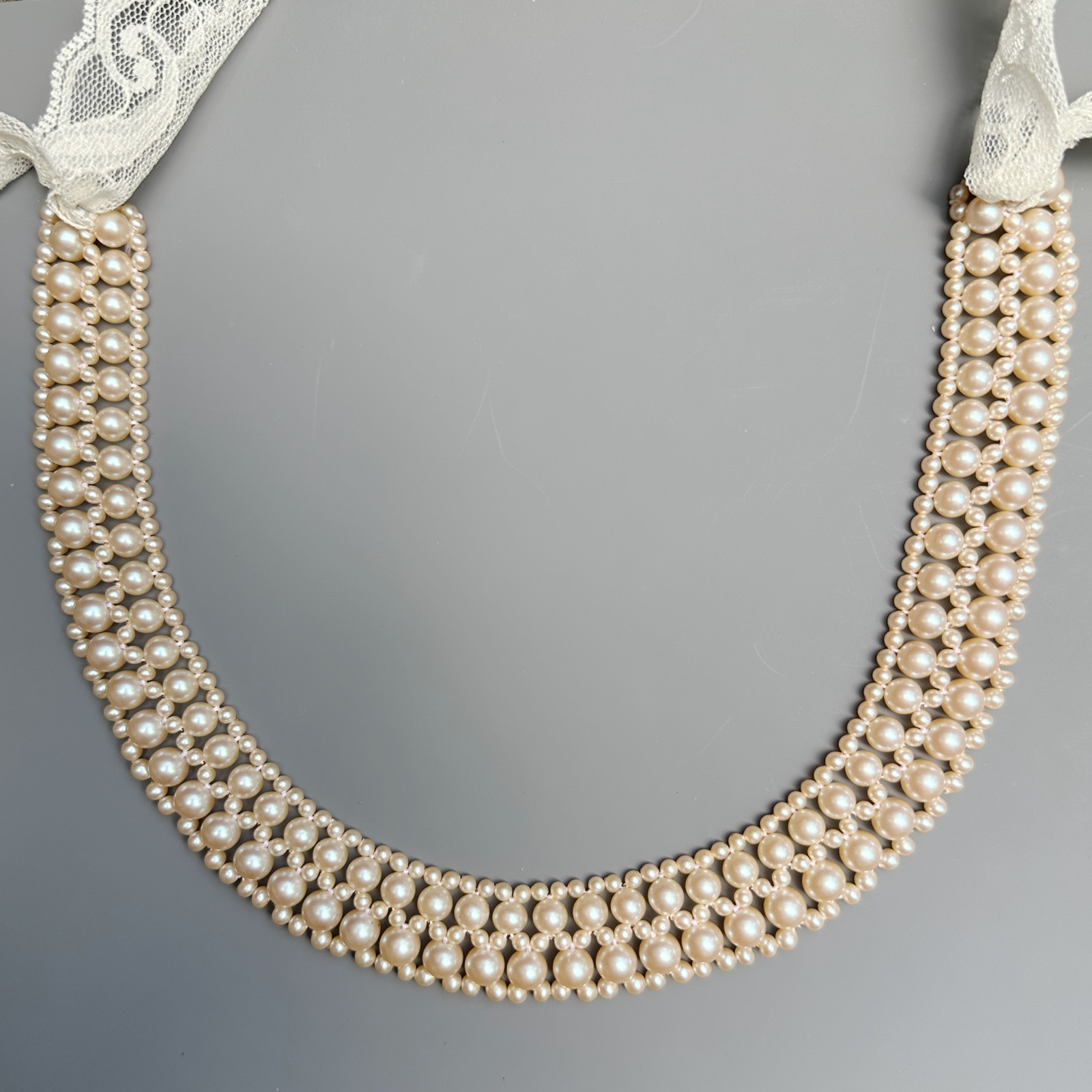 Woven 5-Row Faux Pearl Collar Necklace with Soft, Frothy Vintage Lace Ties