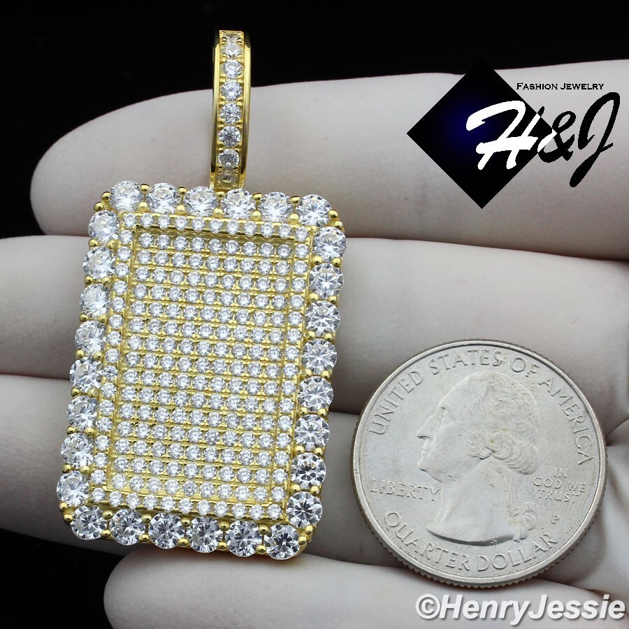 MEN 925 STERLING SILVER ICY BLING CZ GOLD PLATED 3D HIPHOP DOG TAG PENDANT*GP233