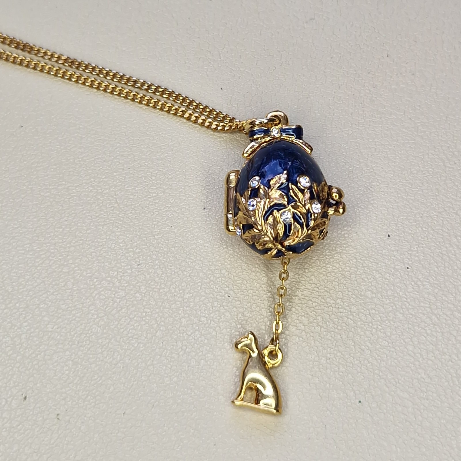 Enamel Easter Egg Locket Necklace Dangly Hidden Charm Sphix Jeweled Louvre 46cm