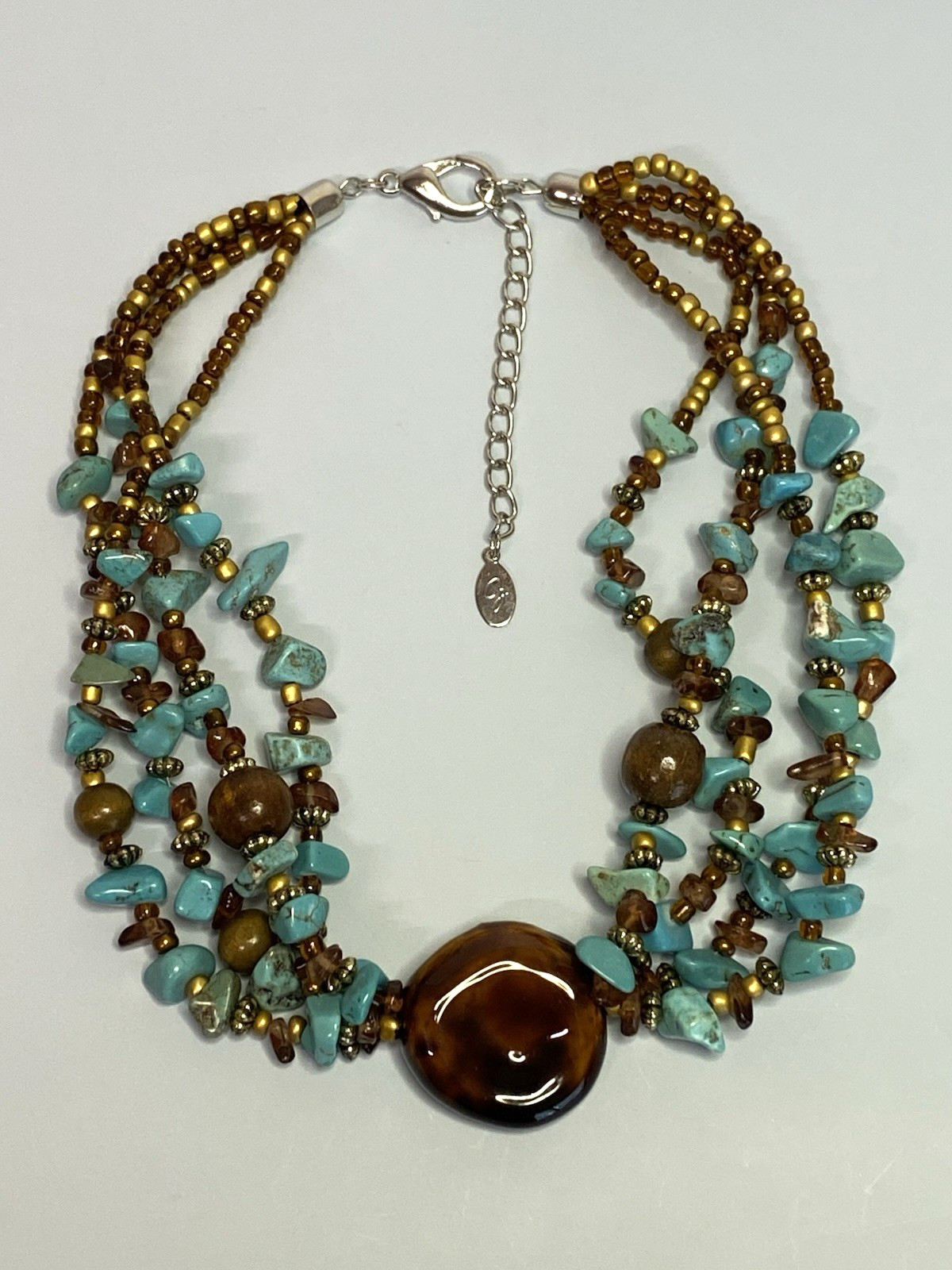 CYNTHIA GALE Turquoise Chip Multi-Strand Choker w/ Tortoise-Look Pendant 16–20in