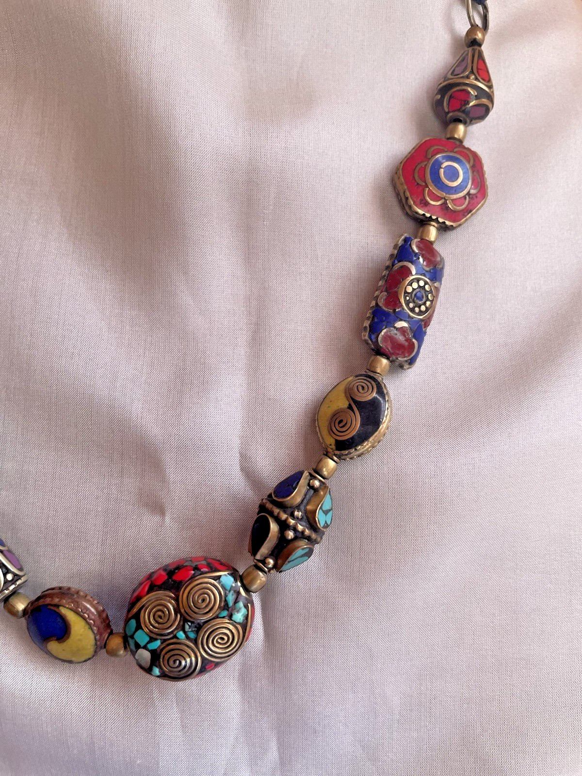 Multicolor Brass Semi Precious stones Inlay Work Nepal Bead Necklace 18” Length