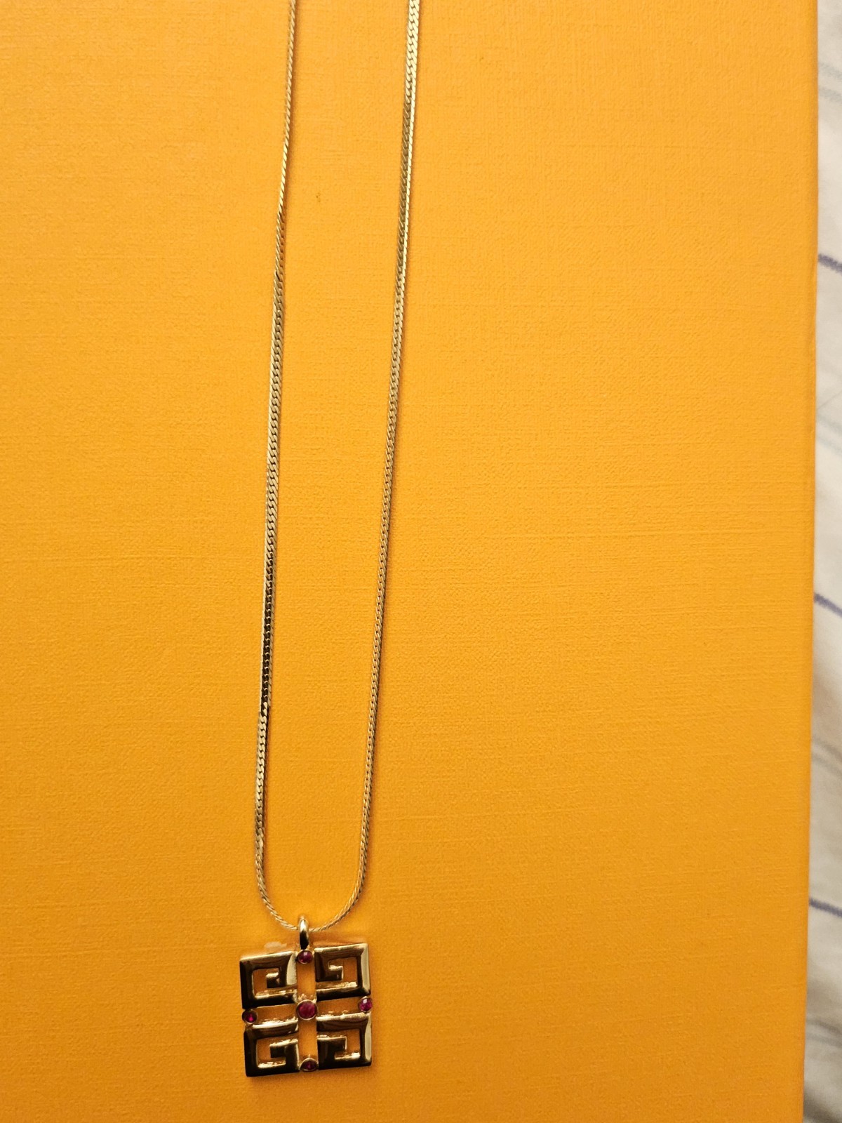 Givenchy Signed Gold Tone Herringbone Chain Square Logo Pendant Necklace