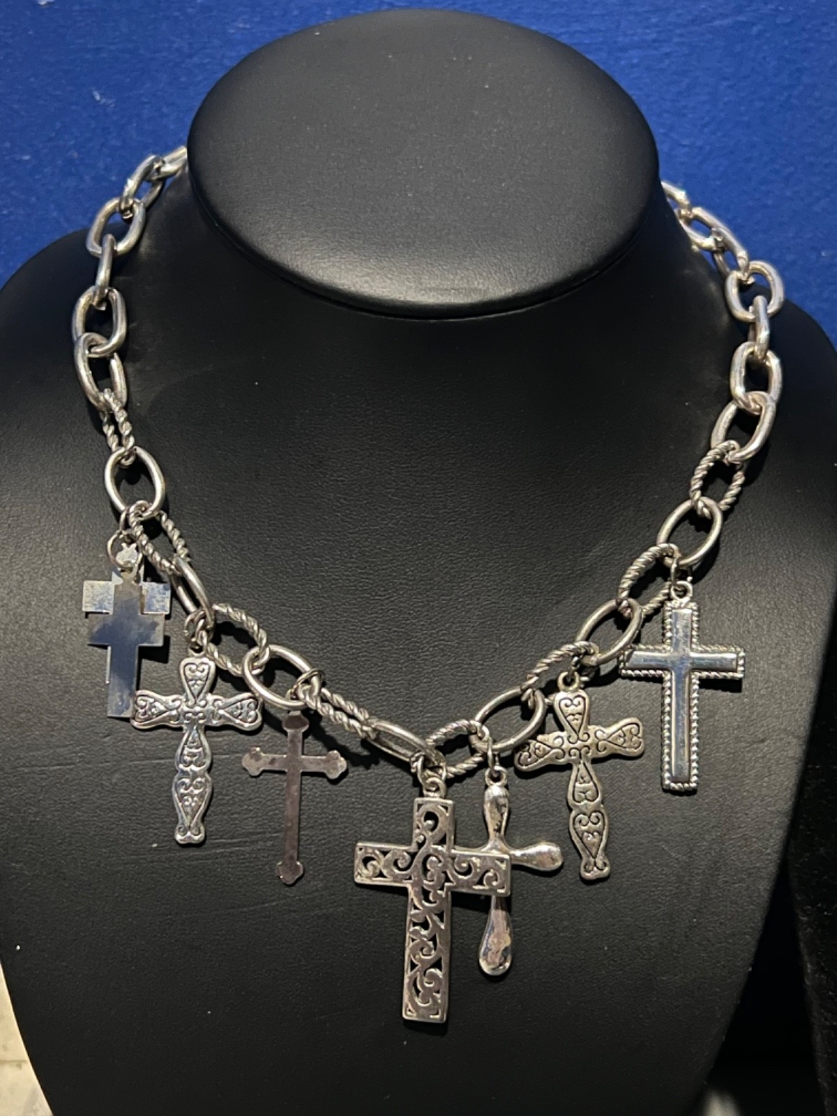 Silver-tone Various Cross Pendant Charms Chain-link Necklace