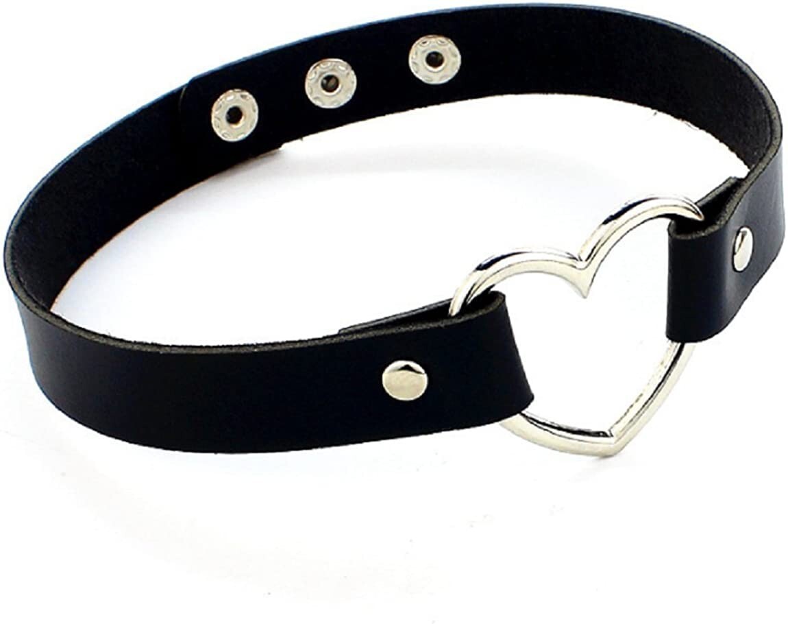 Leather Heart Choker Collar Punk Goth Adjustable Rivet Necklace Love O-Ring