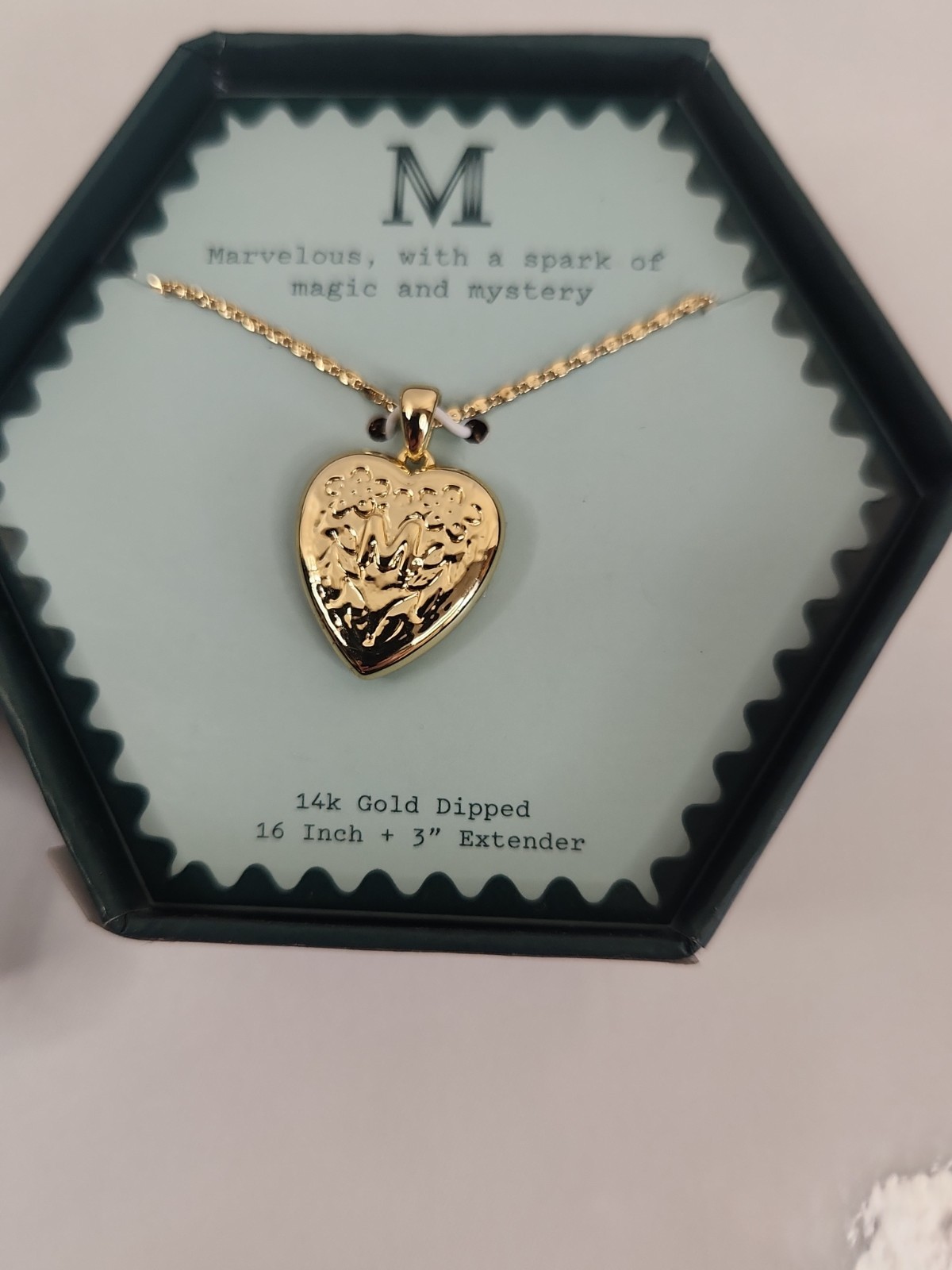 A New Day 14k Gold Dipped Initial M Heart Locket Necklace Floral Engraved Boxed
