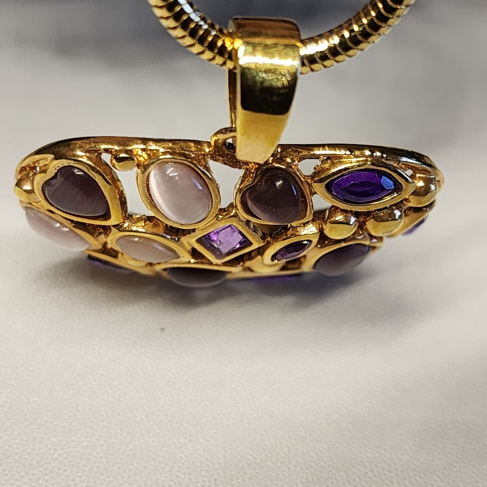 Roman Heart Pendant Necklace Gold Tone Purple Pink Cabochon Stone Snake Chain