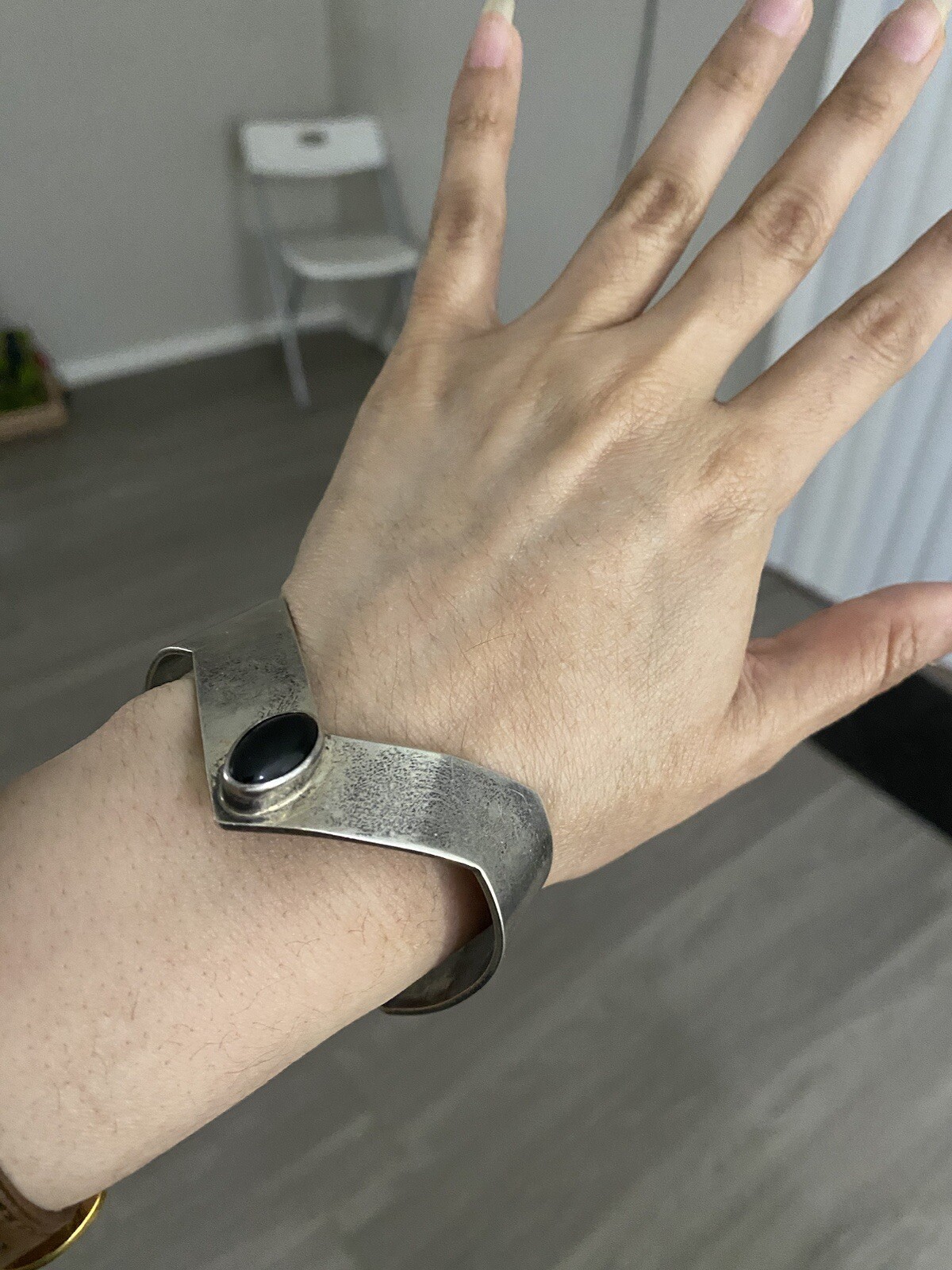 Silver Cuff Bracelet With Black Stone