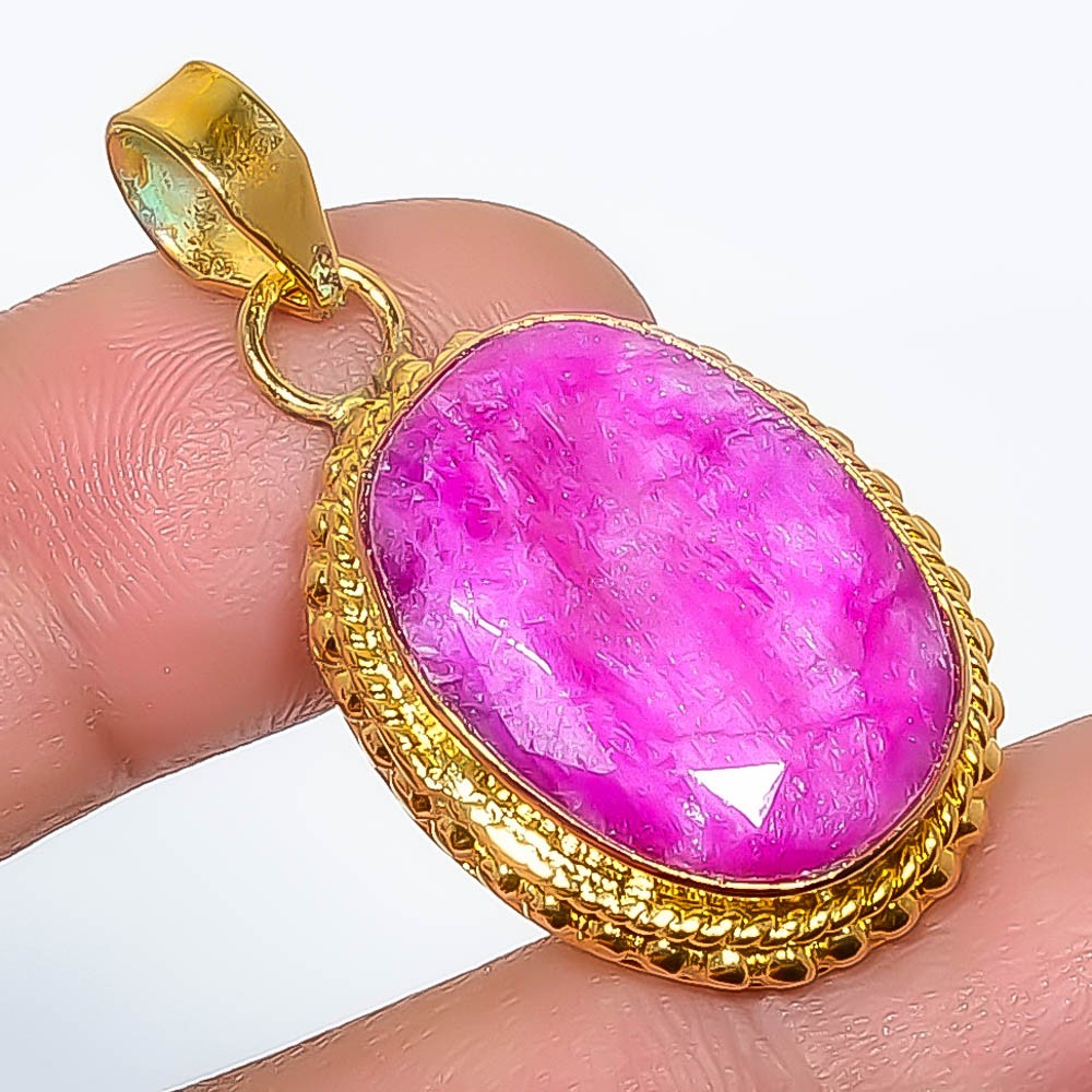Ruby (Lab-Created) Gemstone 925 Silver Gold Plated Pendant 1.56″ P7622-296