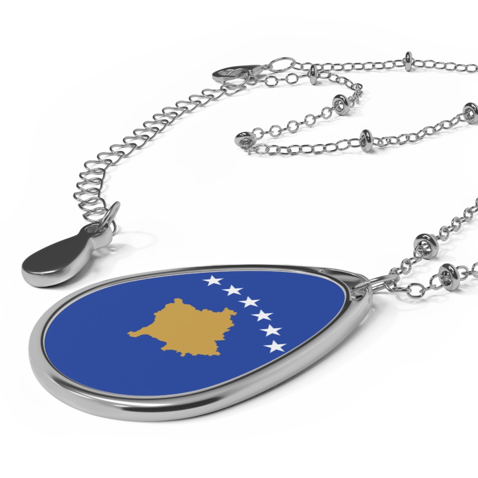 Kosovo Flag Oval Necklace – Kosovar Heritage Pendant – One Size / Silver