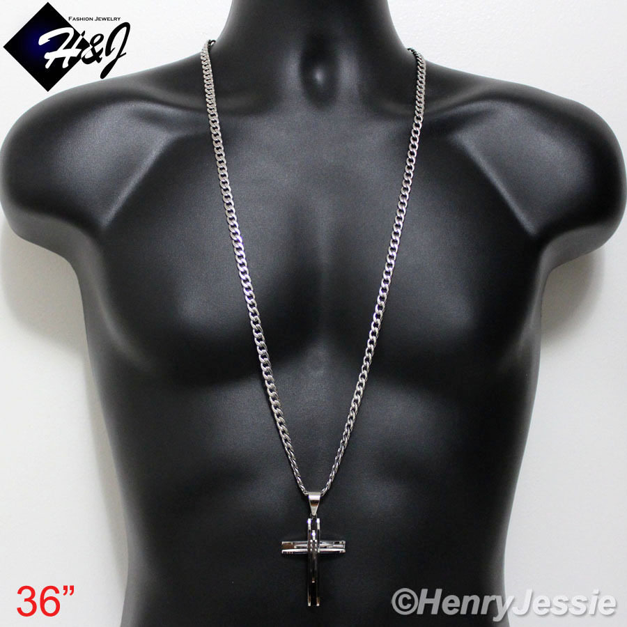 18-40″MEN’s Stainless Steel 6mm Silver Cuban Curb Chain Necklace Cross Pendant*A