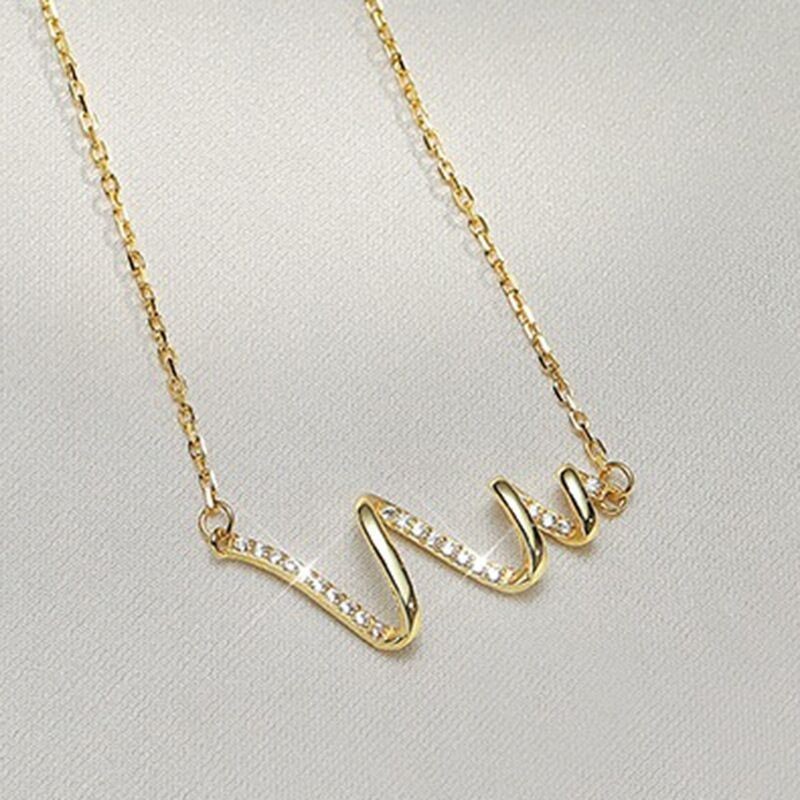 Gold Plated Wave Heartbeat Pendant Tiny Paved CZ Thin Chain Clavicle Necklace