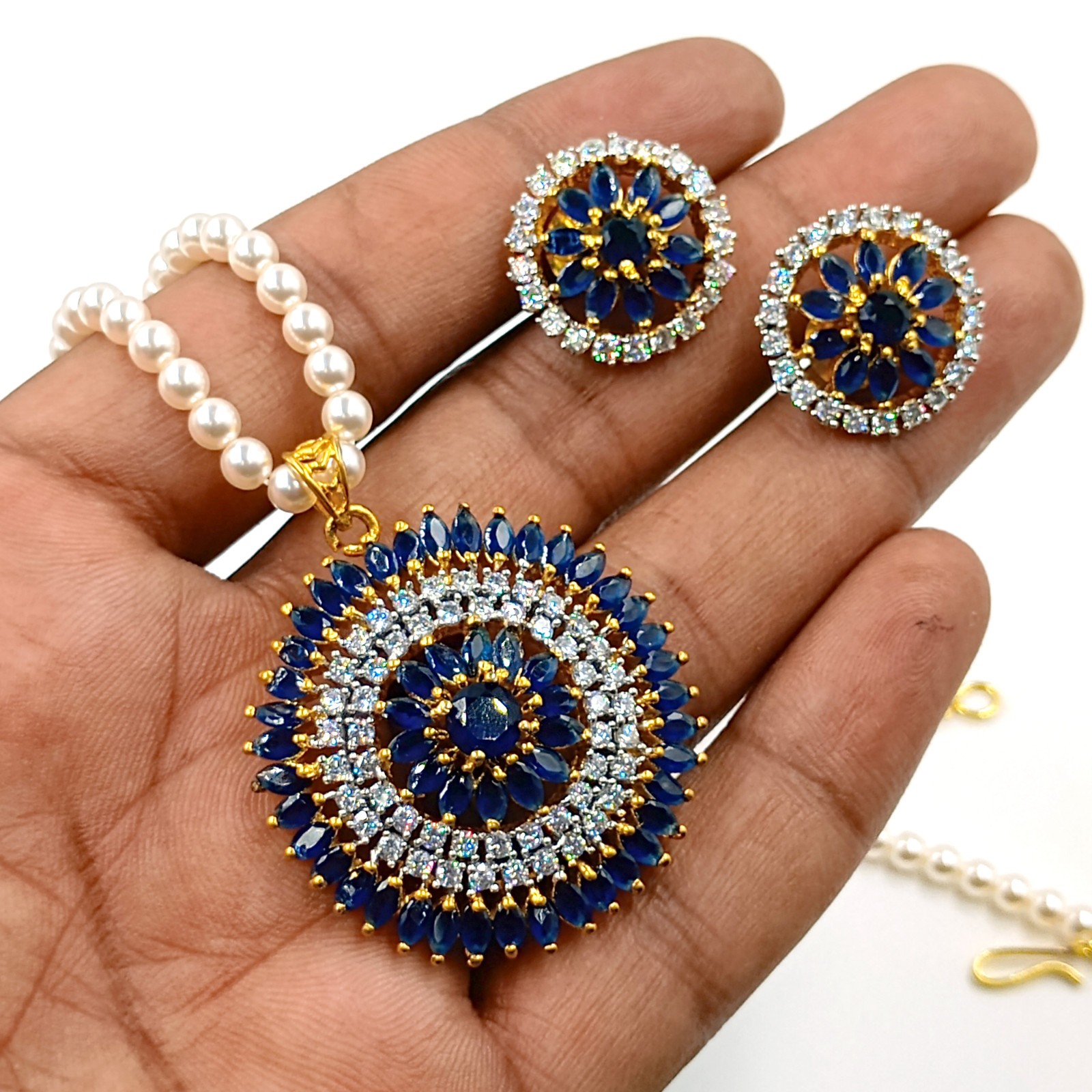 Traditional 22k Gold Plated Sapphire CZ Diamond Bridal Pendant Set Wedding Jewel
