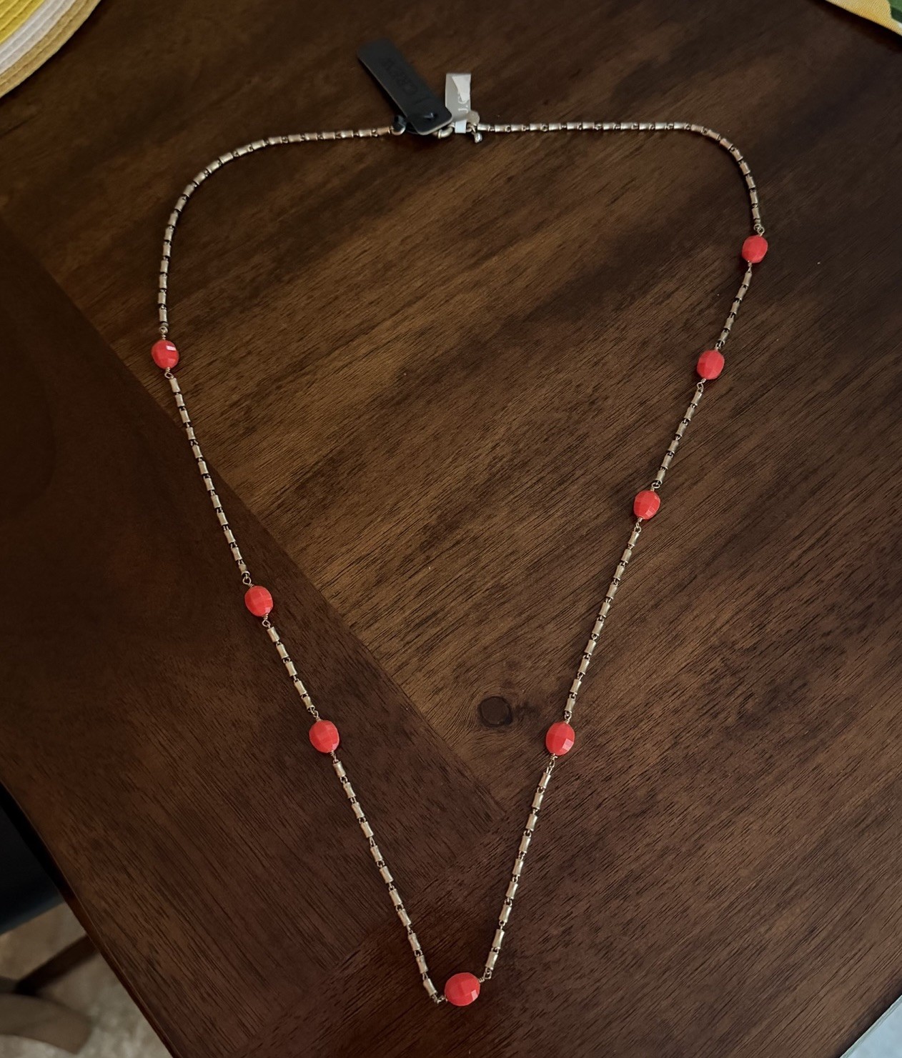 J.Crew Coral Beaded Station Necklace Gold Tone Long Chain One Size