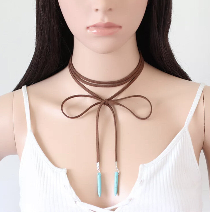 Long Turquoise Leather Necklace Suede Wrap Around Choker