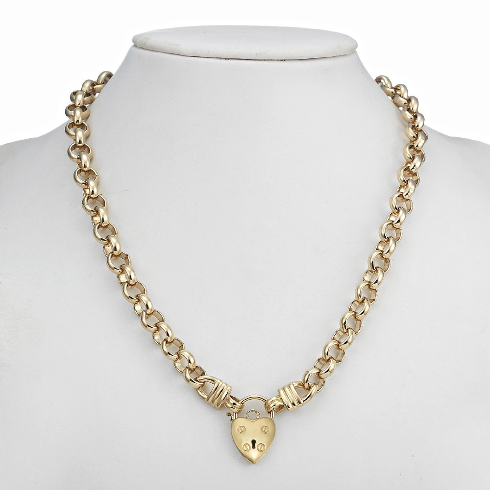18K GL Thick Solid Rolo Yellow Gold Chain Necklace Classic Keyhole Heart Padlock