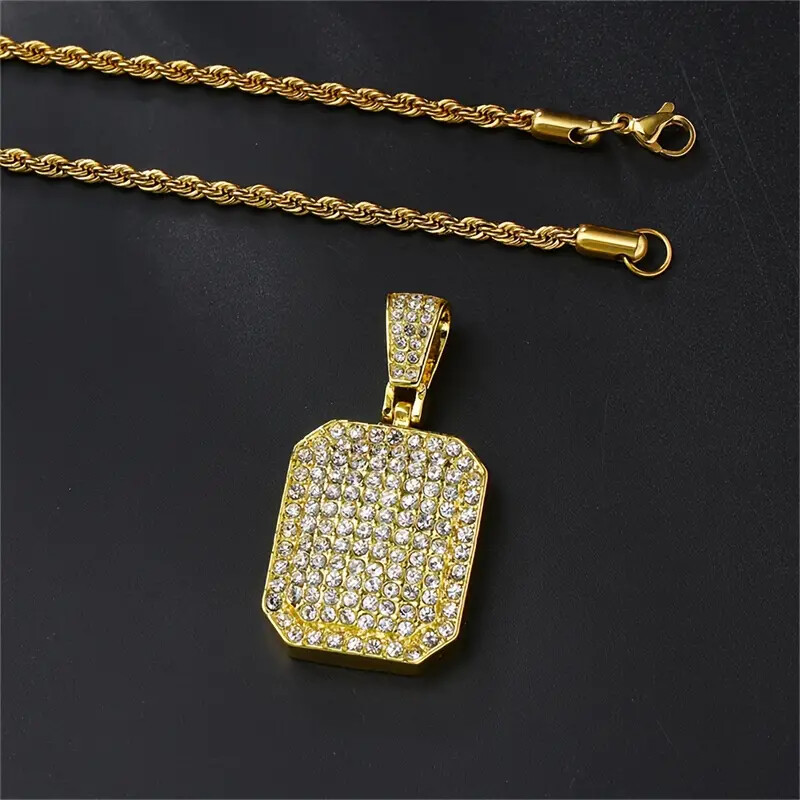 HIP HOP ICED SQUARE DOG TAG CUBIC ZIRCONIA PENDANT & ROPE CHAIN BLING NECKLACE