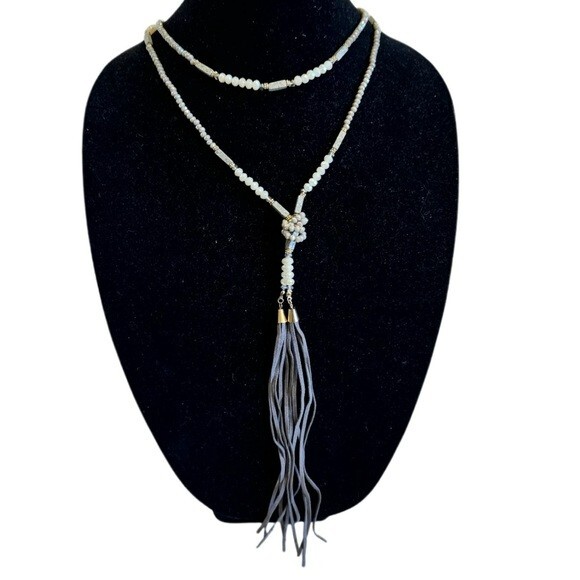Beautiful Lariat Necklace Multi Wear Faceted Beads with Leather Tassel