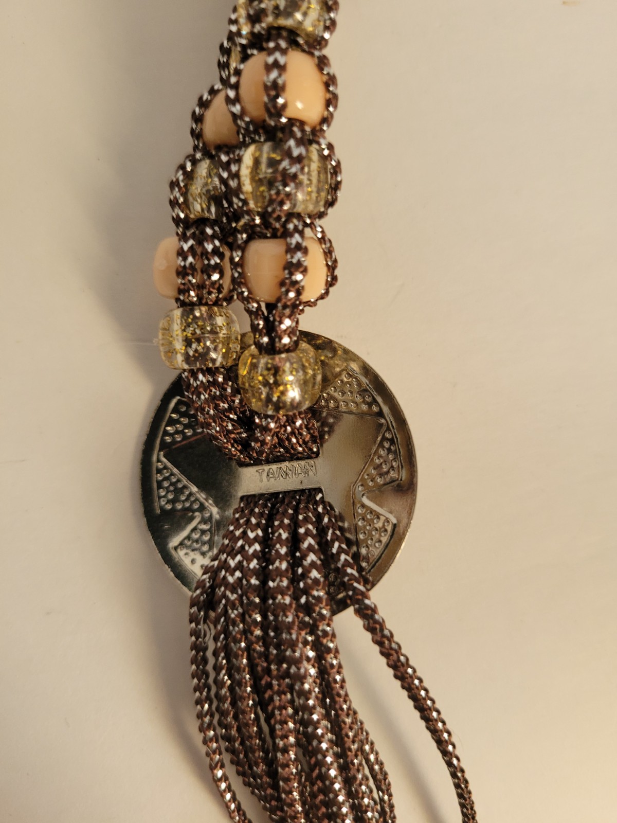 Vintage Western Bolo Tie Brown Silver Cord Silver Tone Concho Beaded Necklace