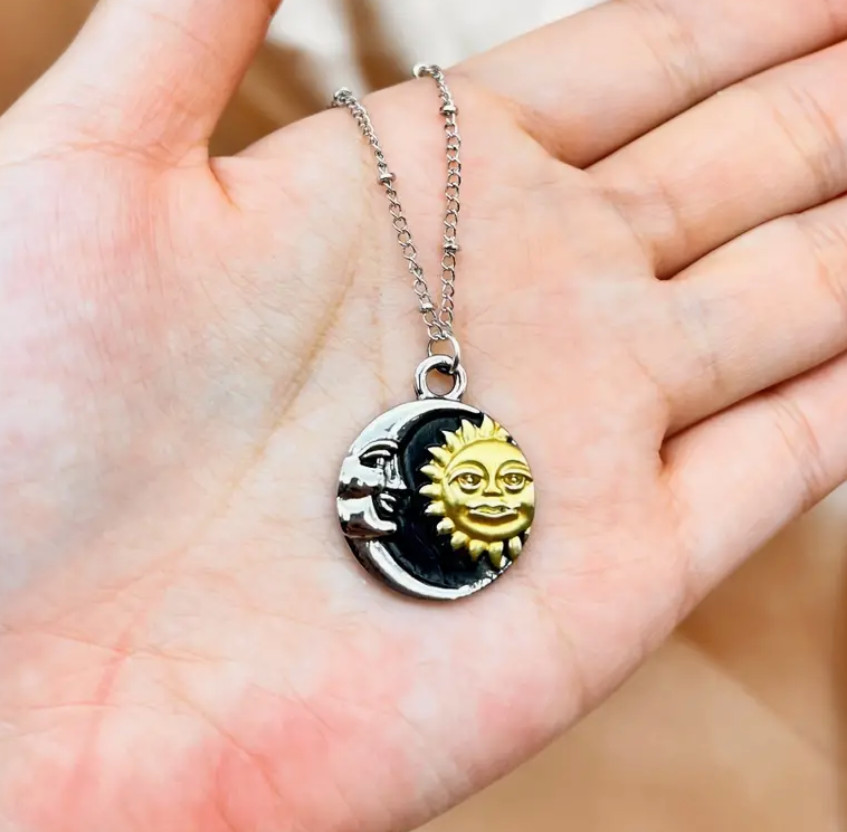 Celestial Vintage Sun & Moon Pendant Necklace Ball Beac Chain