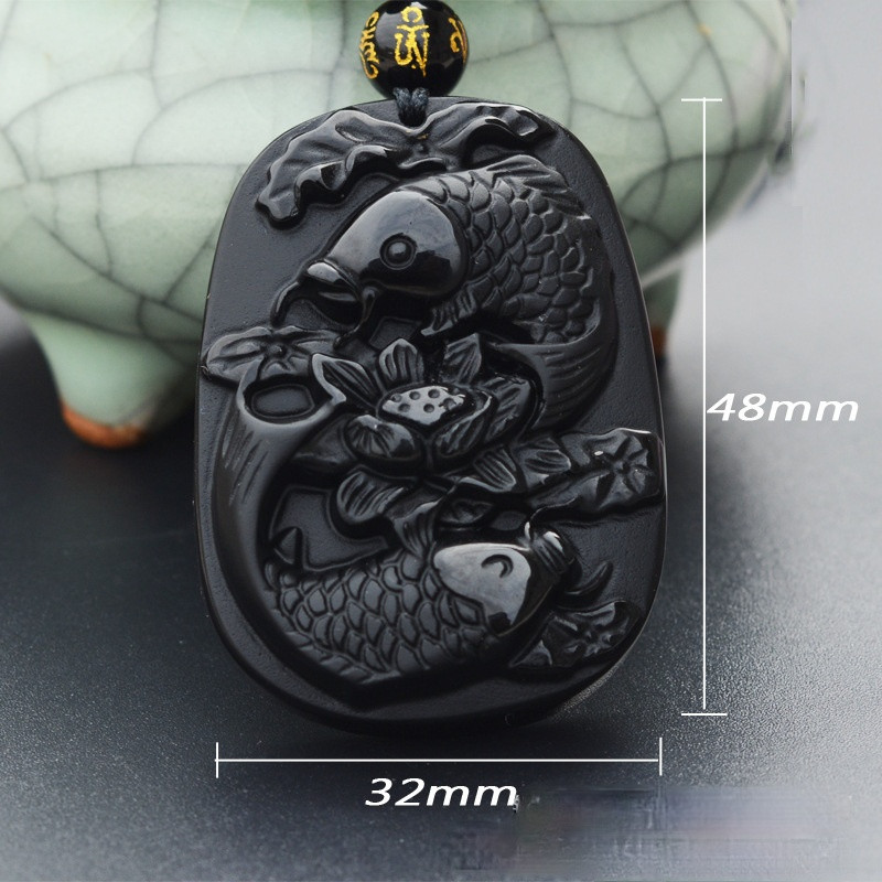 Natural Obsidian Pisces lotus fish koi necklace Amulet pendant with bead chain