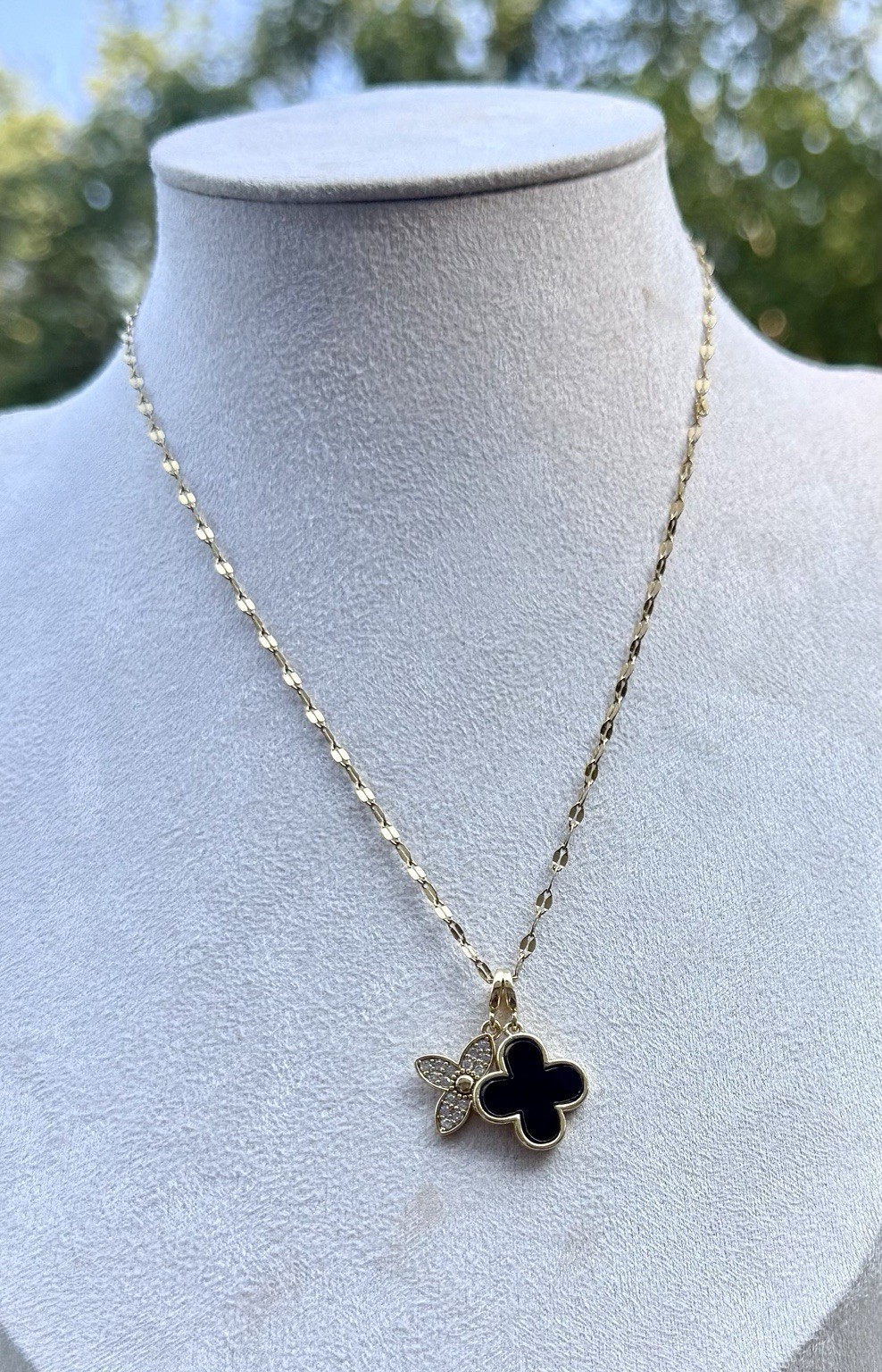 Gold Tone Yellow Gold Cable Chain Necklace w/ Black Clover Charm & Flower Charm