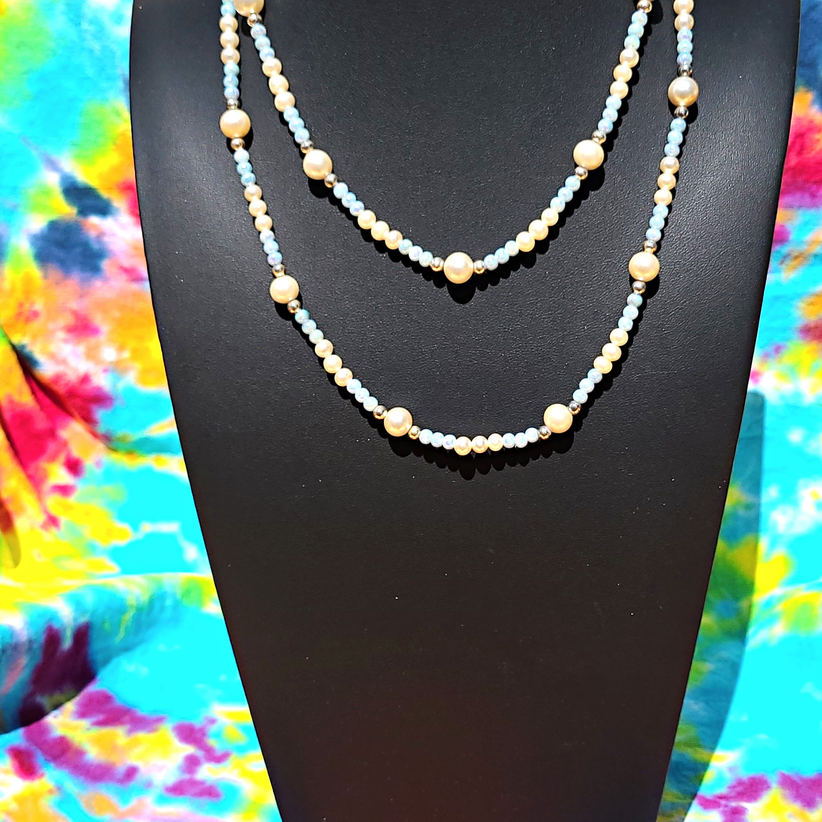 Layered Double Strand Blue Glass Bead Faux Pearl Necklace Gold Tone Spacers
