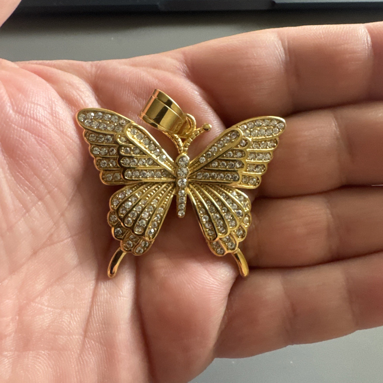 Butterfly Gold Tone Pendant Necklace Stainless Steel Gift Her Cubic Zirconia Fly