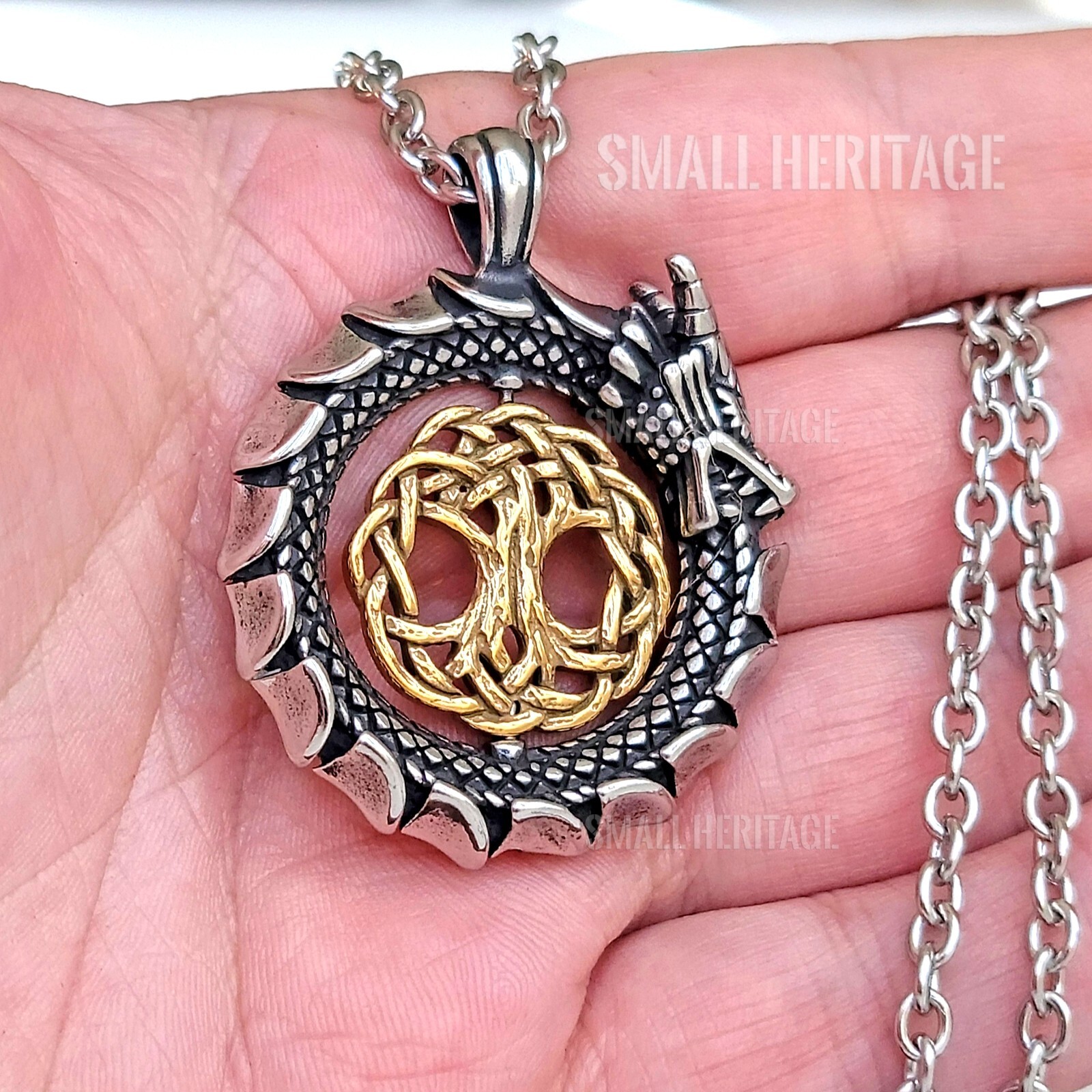 Viking Dragon Necklace 316L Stainless Steel Pendant Chain Norse Amulet Yggdrasil