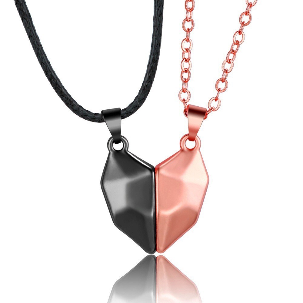 Heart Magnet Necklace Set for Couple – Black w/ Pink, Great Gift, Anniversary
