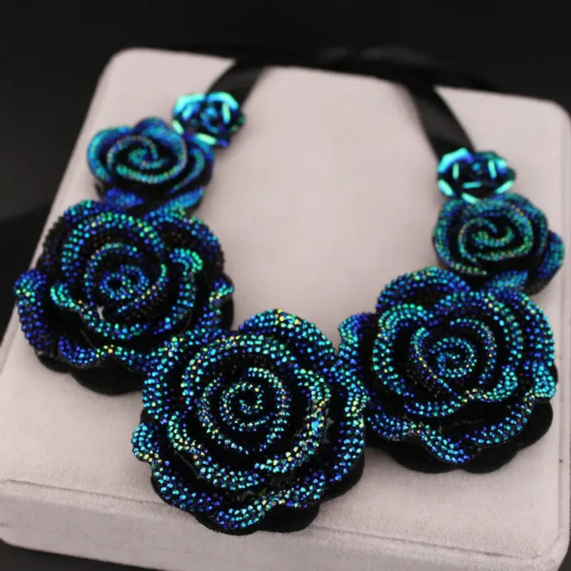 Blue Resin Flower Necklace Earrings Set Women Chunky Statement Jewelry New Gift