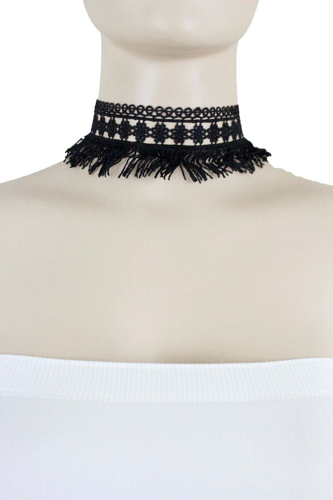 Women Tassel Strand Fringes Cool Style Fashion Black Fabric Choker Necklace