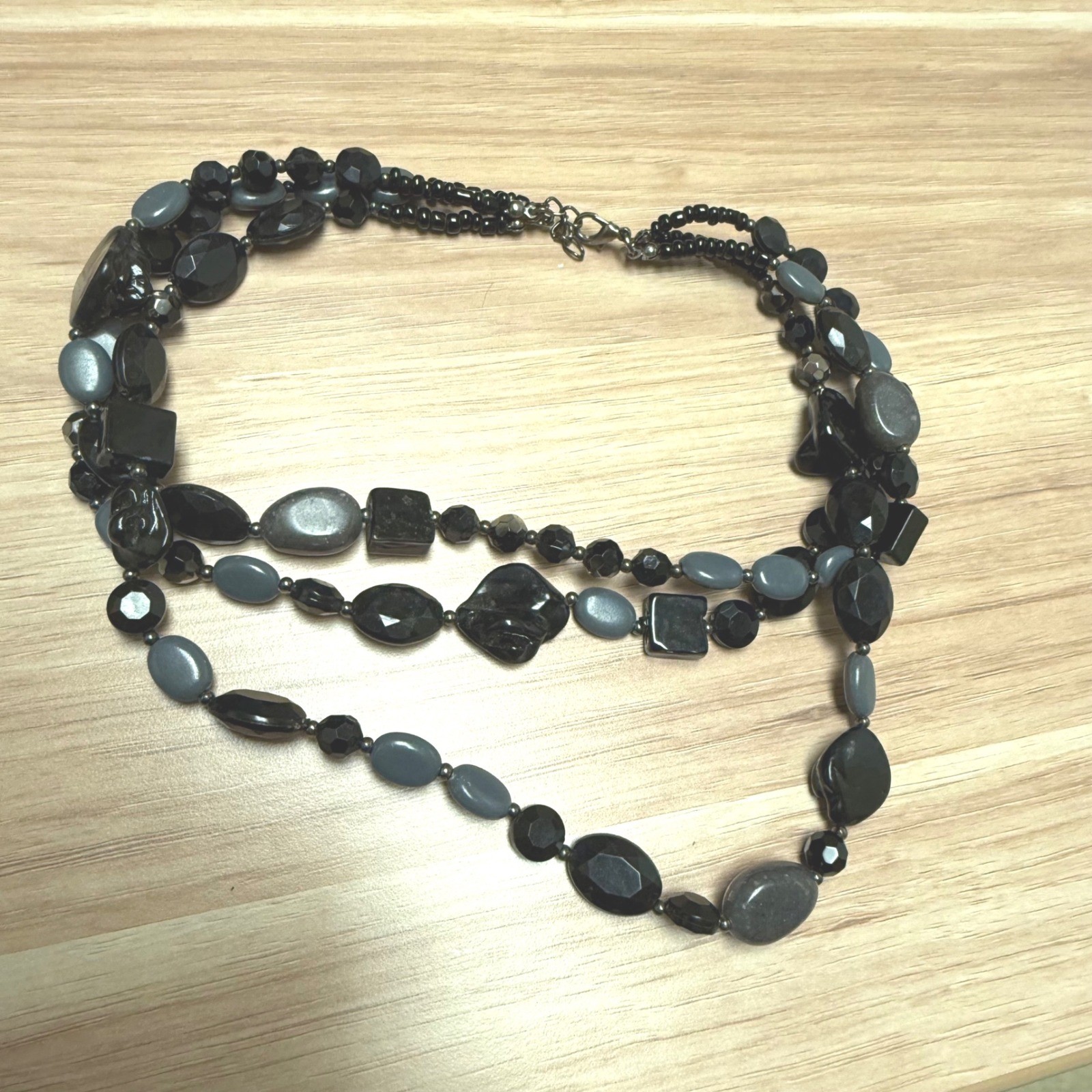Black Grey Multi Strand Beaded Statement Necklace Layered Chunky Adjustable