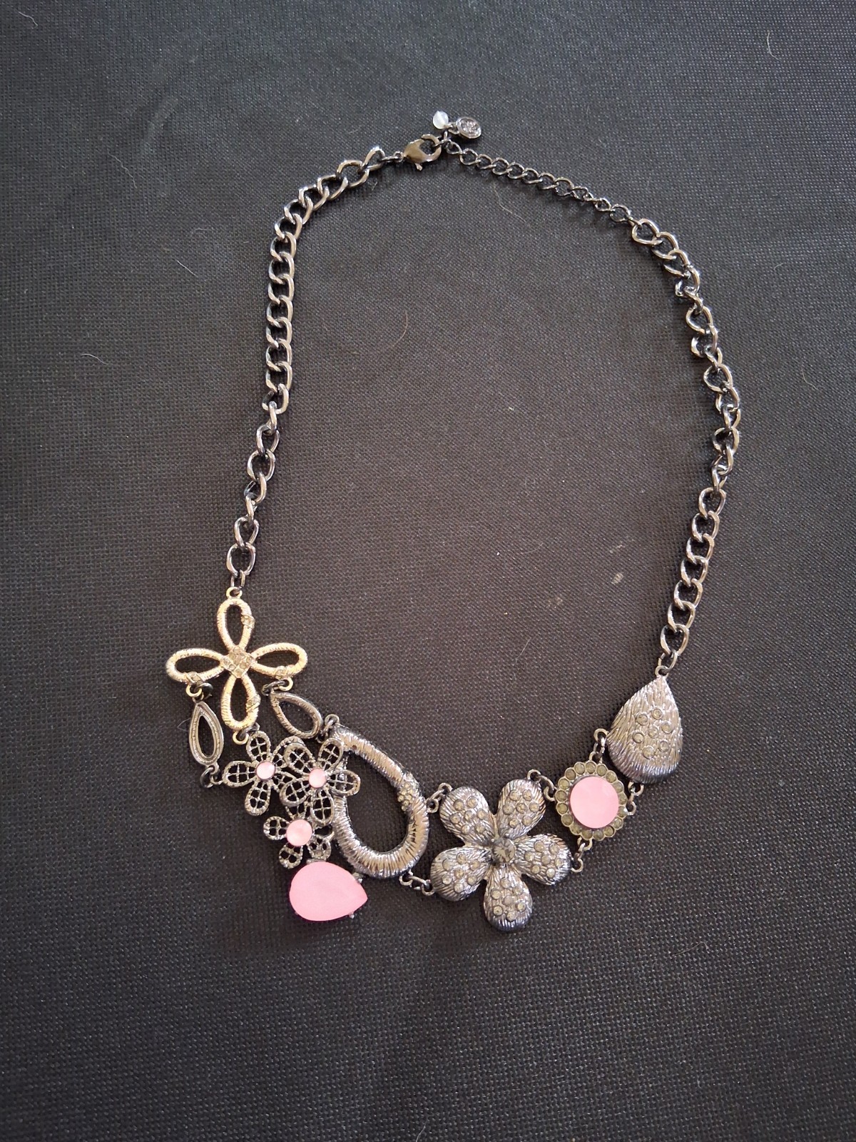 Black Metal Grey And Pastel Pink Flower Necklace