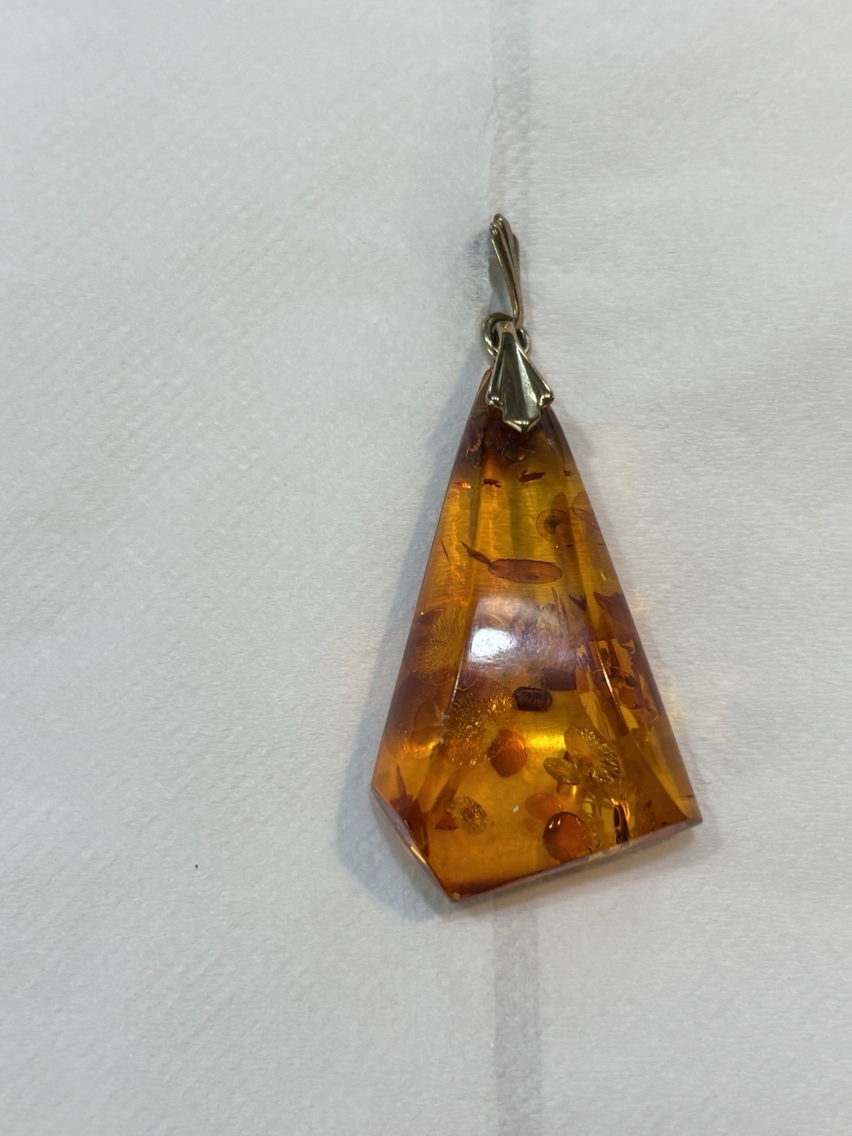 Vintage Amber Trillion Shape Pendant Yellow Brown Main Stone w/10 karat Bale
