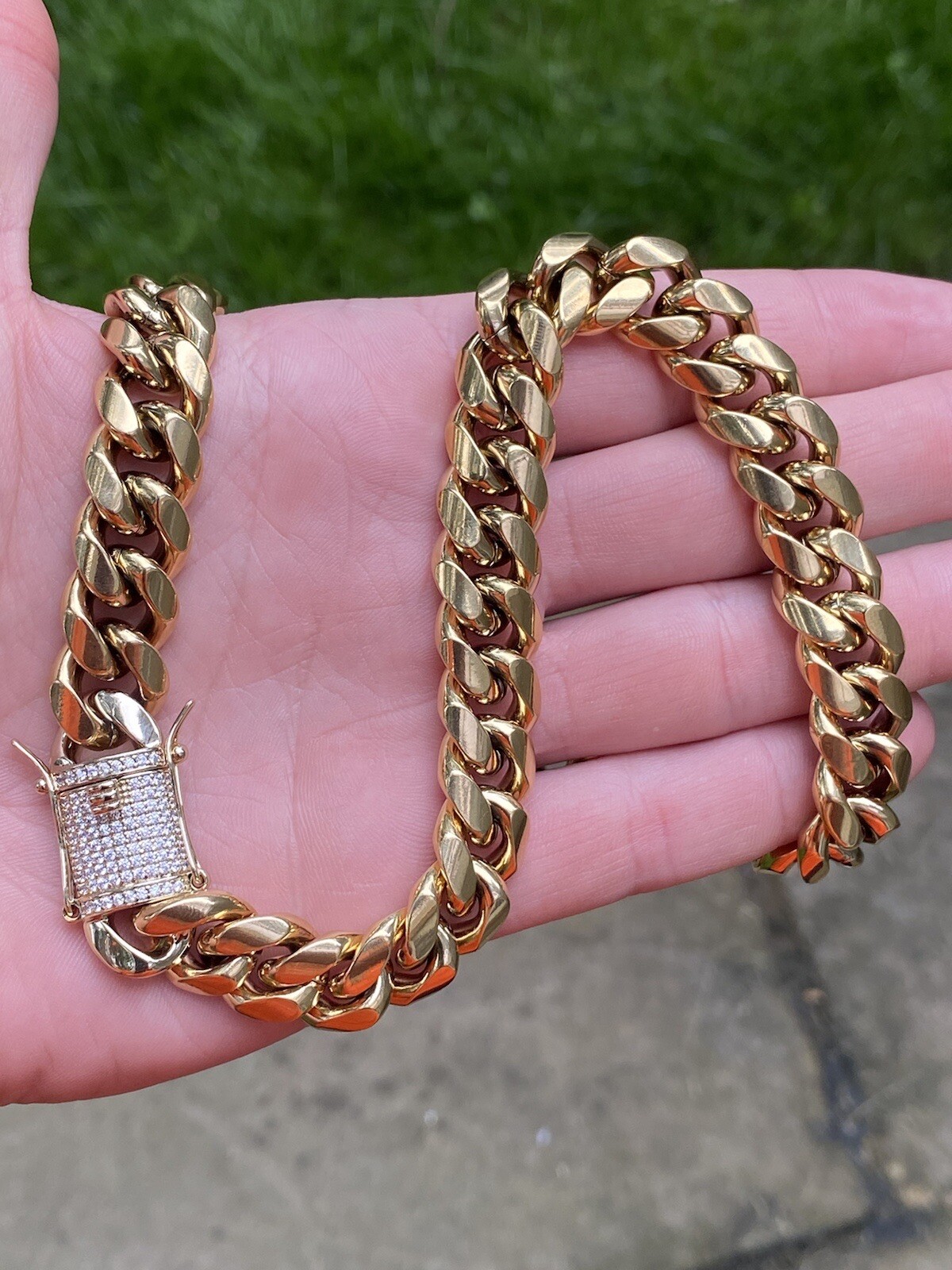 Miami Cuban Chain 14k Gold Plated SS Men Hip Hop Choker Iced CZ Box Lock 14mm
